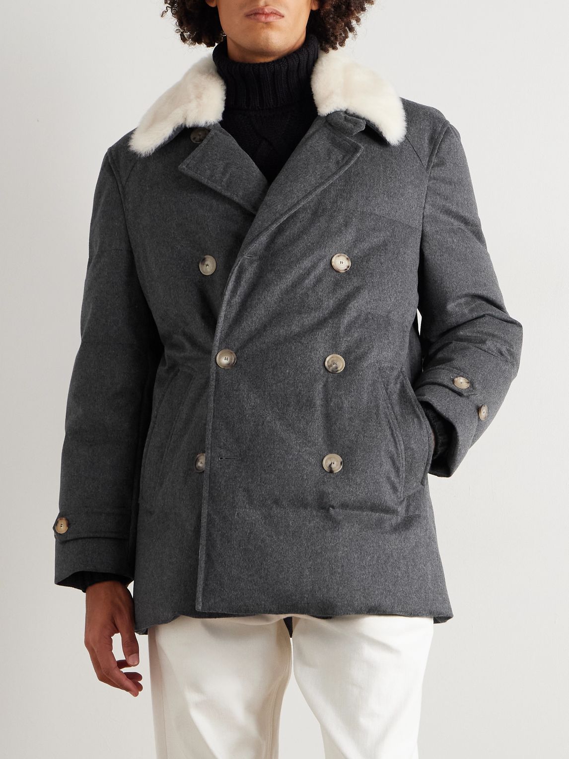 BRUNELLO CUCINELLI 더블브레스트 시어링 트리밍 퀼팅 울 다운 자켓