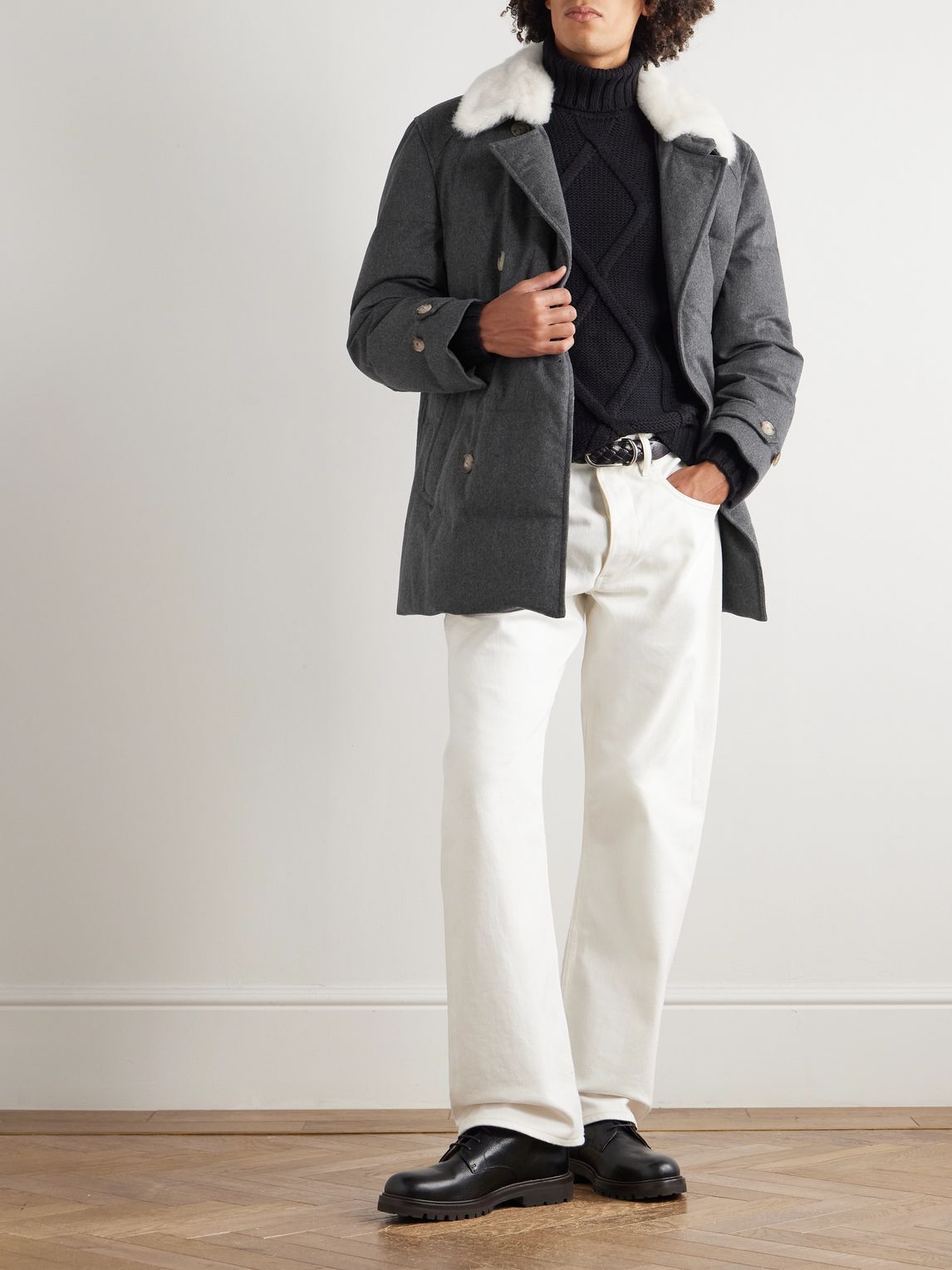 BRUNELLO CUCINELLI 더블브레스트 시어링 트리밍 퀼팅 울 다운 자켓