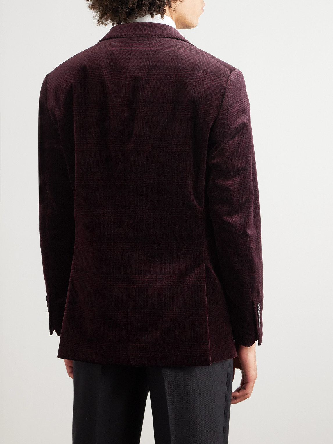  Brunello Cucinelli - Slim-fit Satin-trimmed Prince Of Wales Checked Cotton-velvet Tuxedo Jacket - Men - Burgundy - It 56 