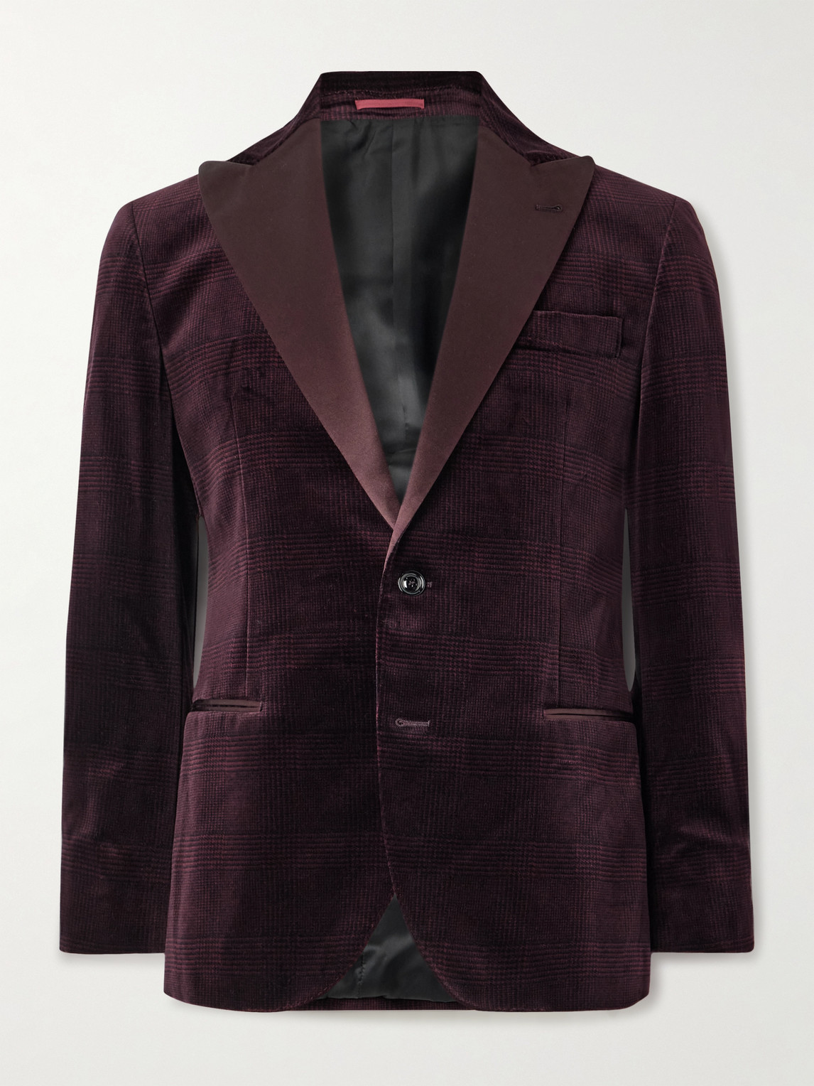 Brunello Cucinelli - Slim-Fit Satin-Trimmed Prince of Wales Checked Cotton-Velvet Tuxedo Jacket - Men - Burgundy - IT 52