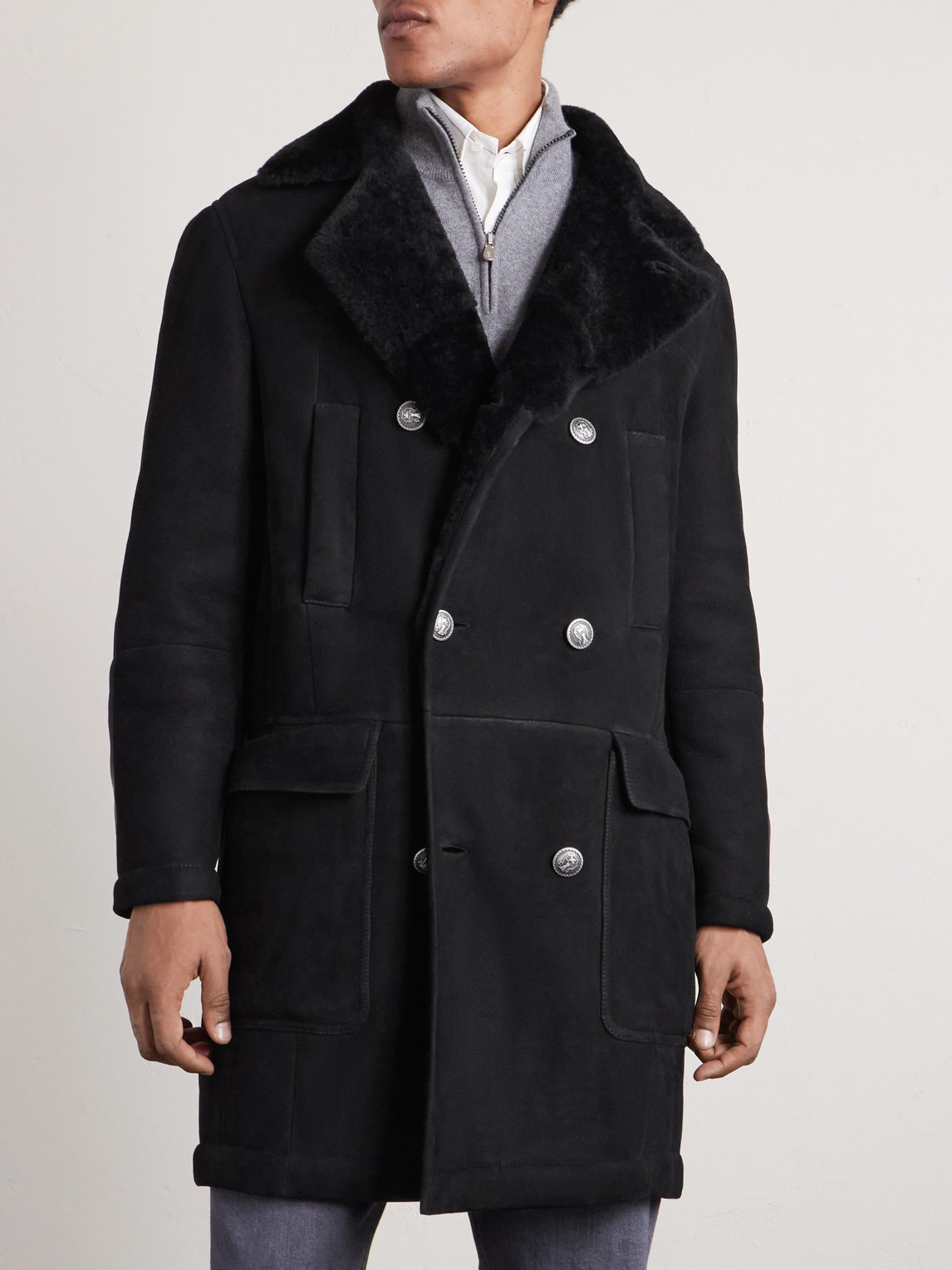  Brunello Cucinelli - Double-breasted Shearling Coat - Men - Black - S 