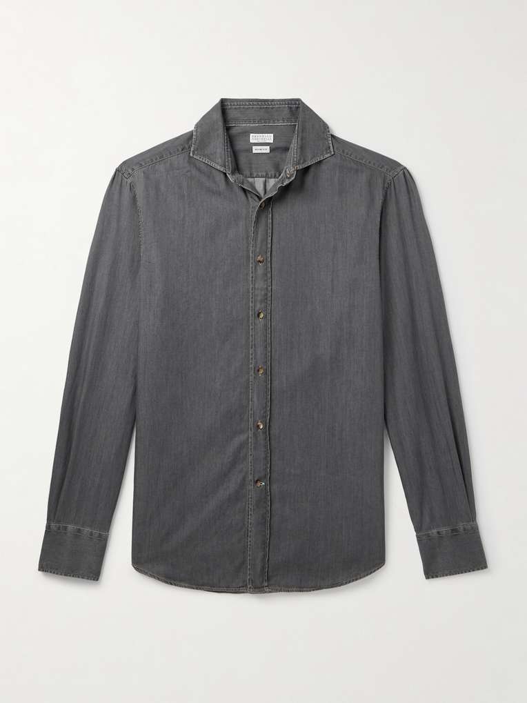 Brunello Cucinelli — Slim-Fit Spread-Collar Cotton-Chambray Shirt