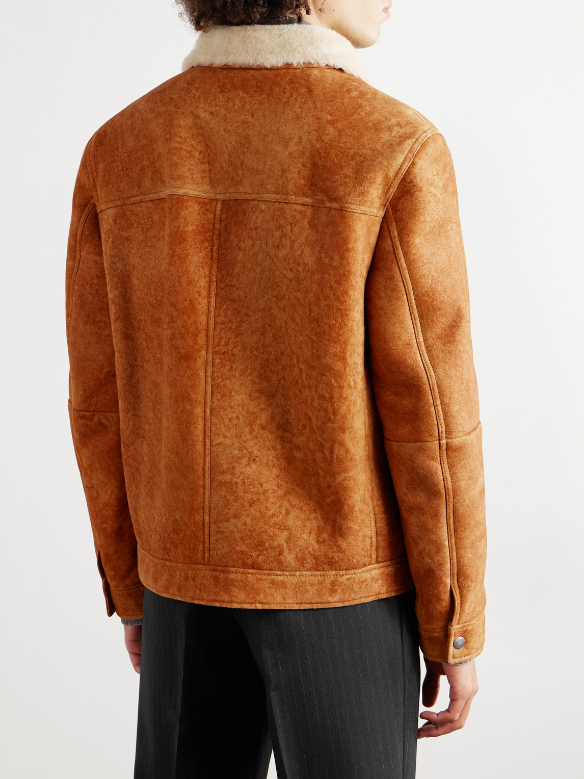  Brunello Cucinelli - Shearling-trimmed Suede Trucker Jacket - Men - Orange - M 