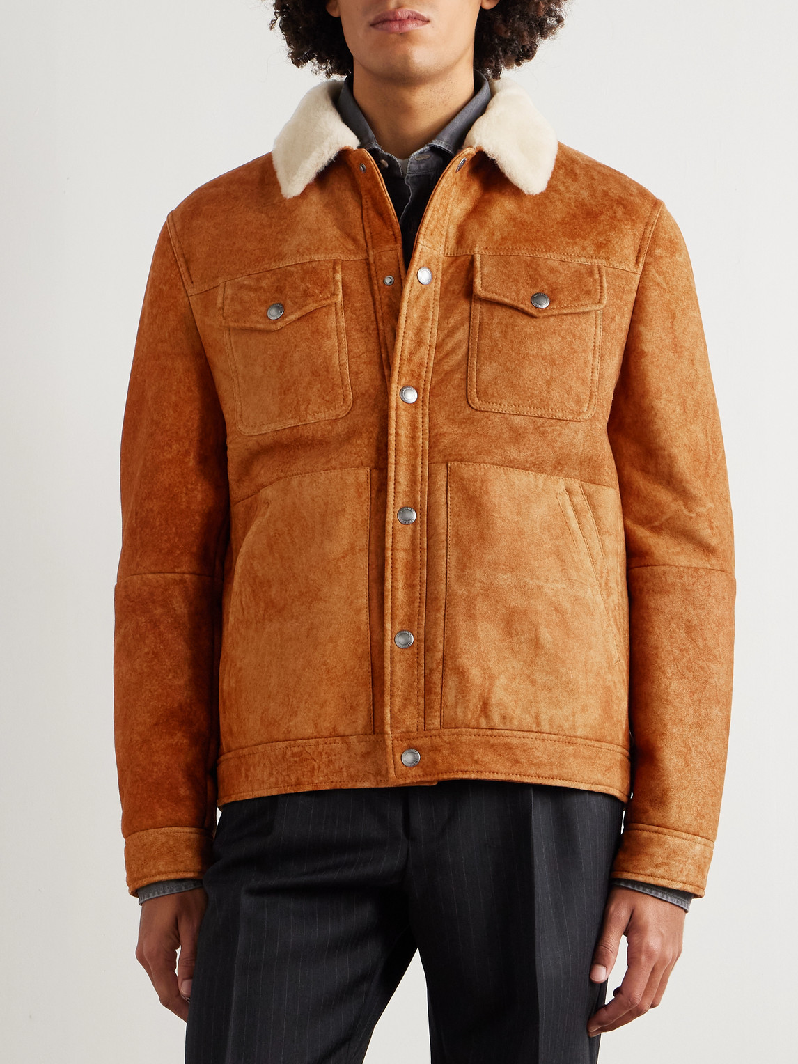  Brunello Cucinelli - Shearling-trimmed Suede Trucker Jacket - Men - Orange - M 