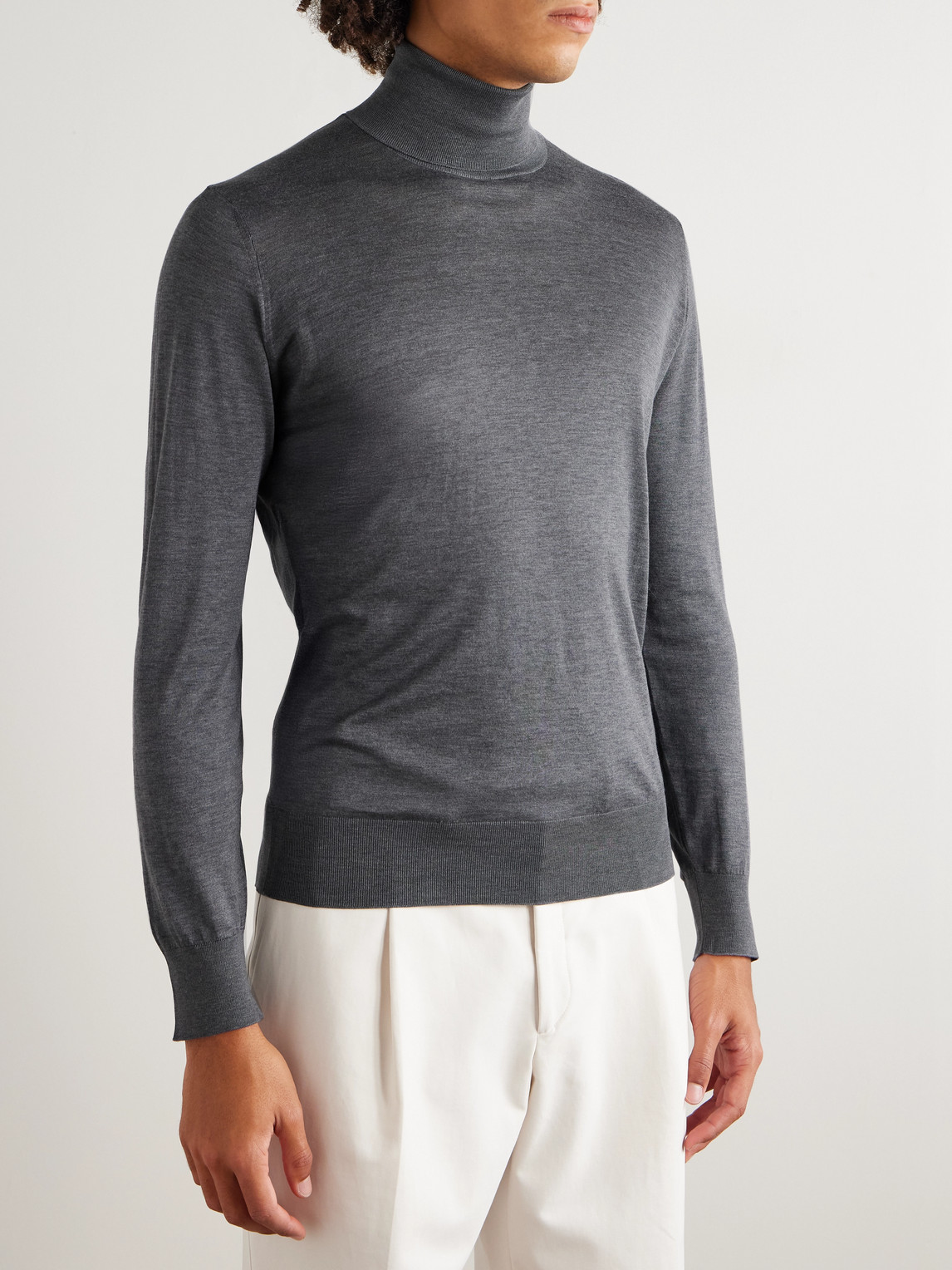 Brunello Cucinelli Wool Turtleneck Sweater With Ribbed Cuffs And Hem In Gray