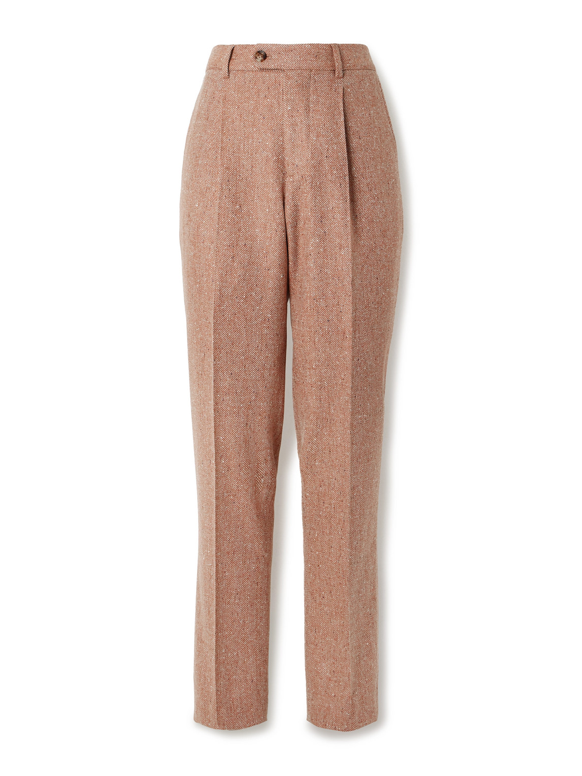 Brunello Cucinelli Straight-leg Pleated Herringbone Wool And Cashmere-blend Trousers In Brown