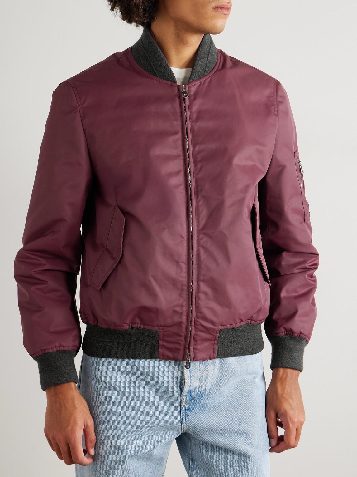 Brunello Cucinelli Padded Cashmere-trimmed Shell Bomber Jacket In Burgundy