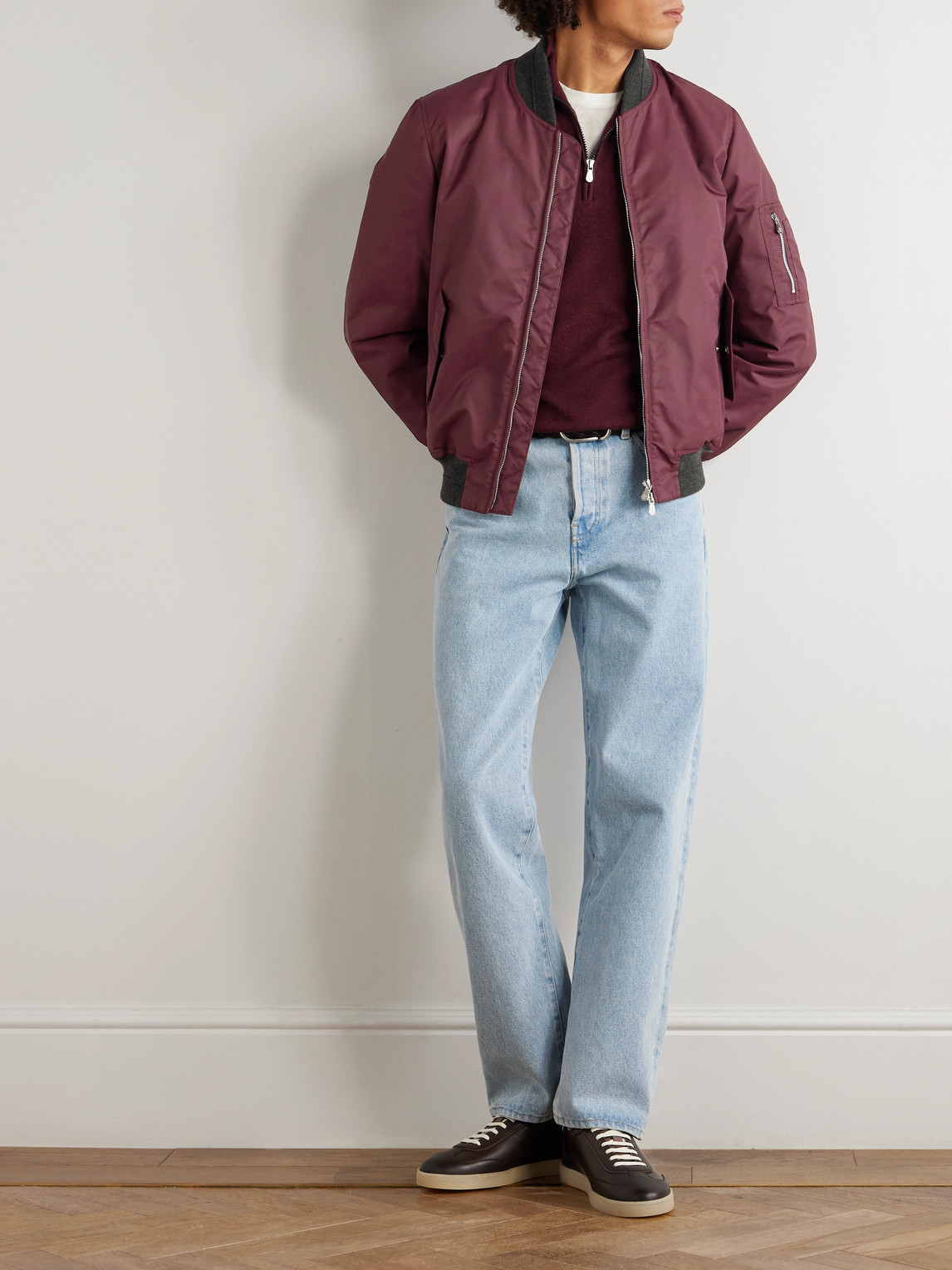 Brunello Cucinelli Padded Cashmere-trimmed Shell Bomber Jacket In Burgundy