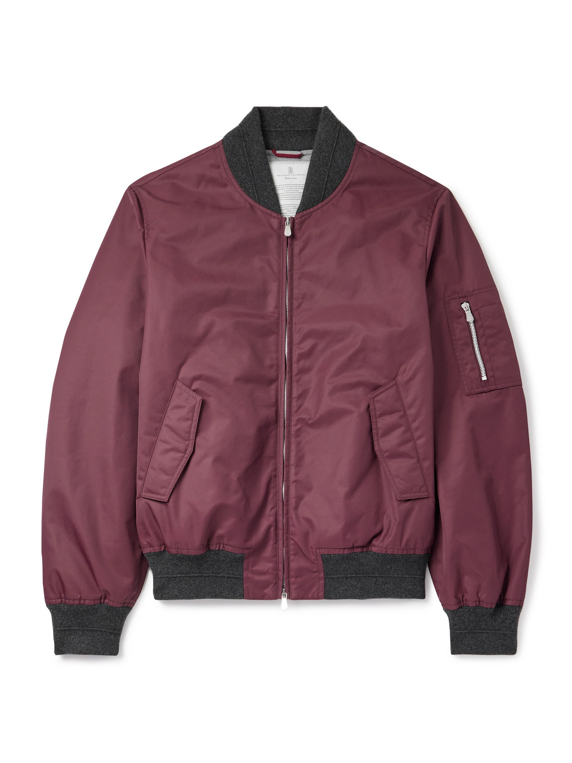 Brunello Cucinelli Padded Cashmere-trimmed Shell Bomber Jacket In Burgundy