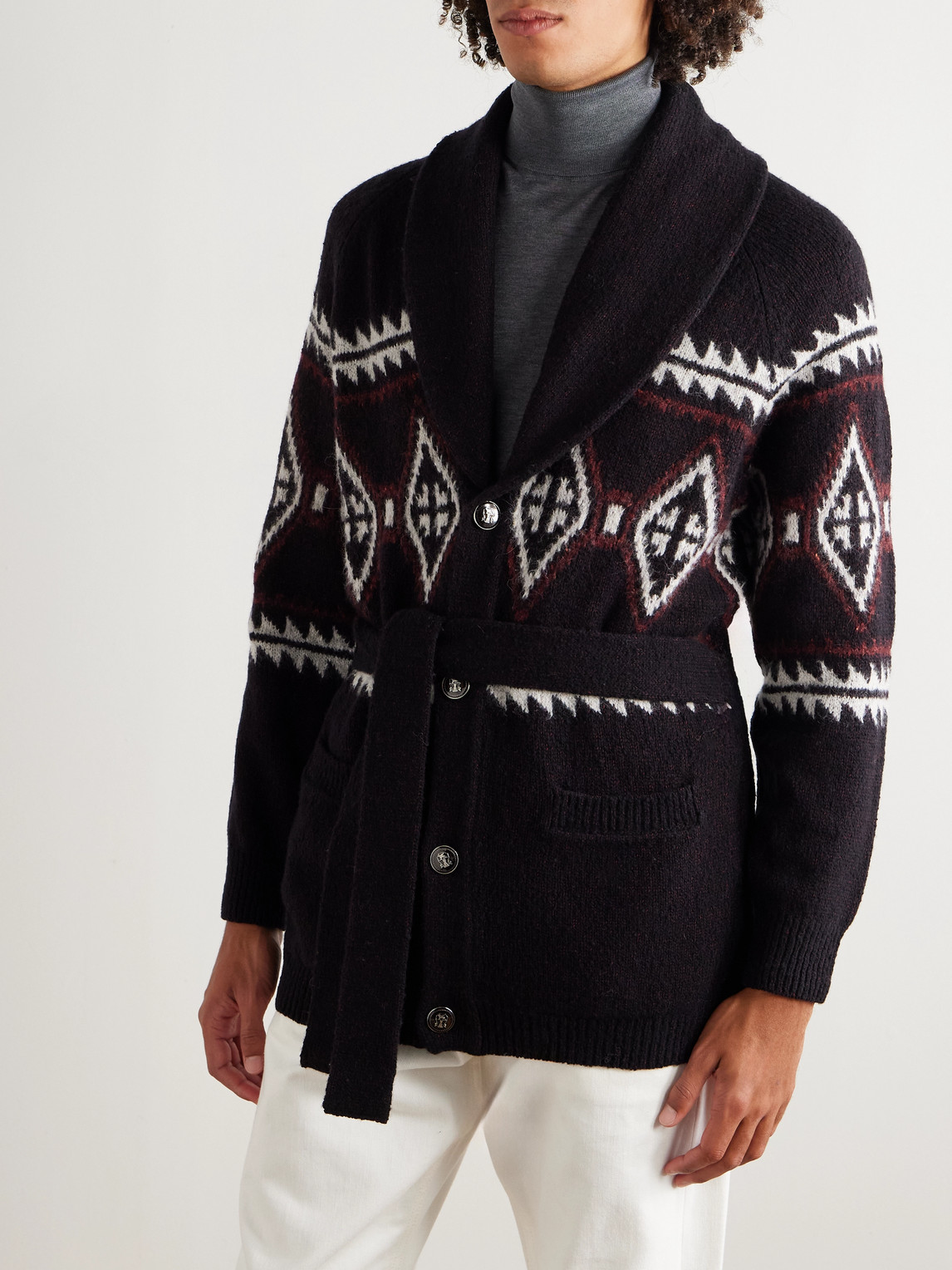 Brunello Cucinelli Jacquard Wool, Silk And Cashmere Cardigan In Black