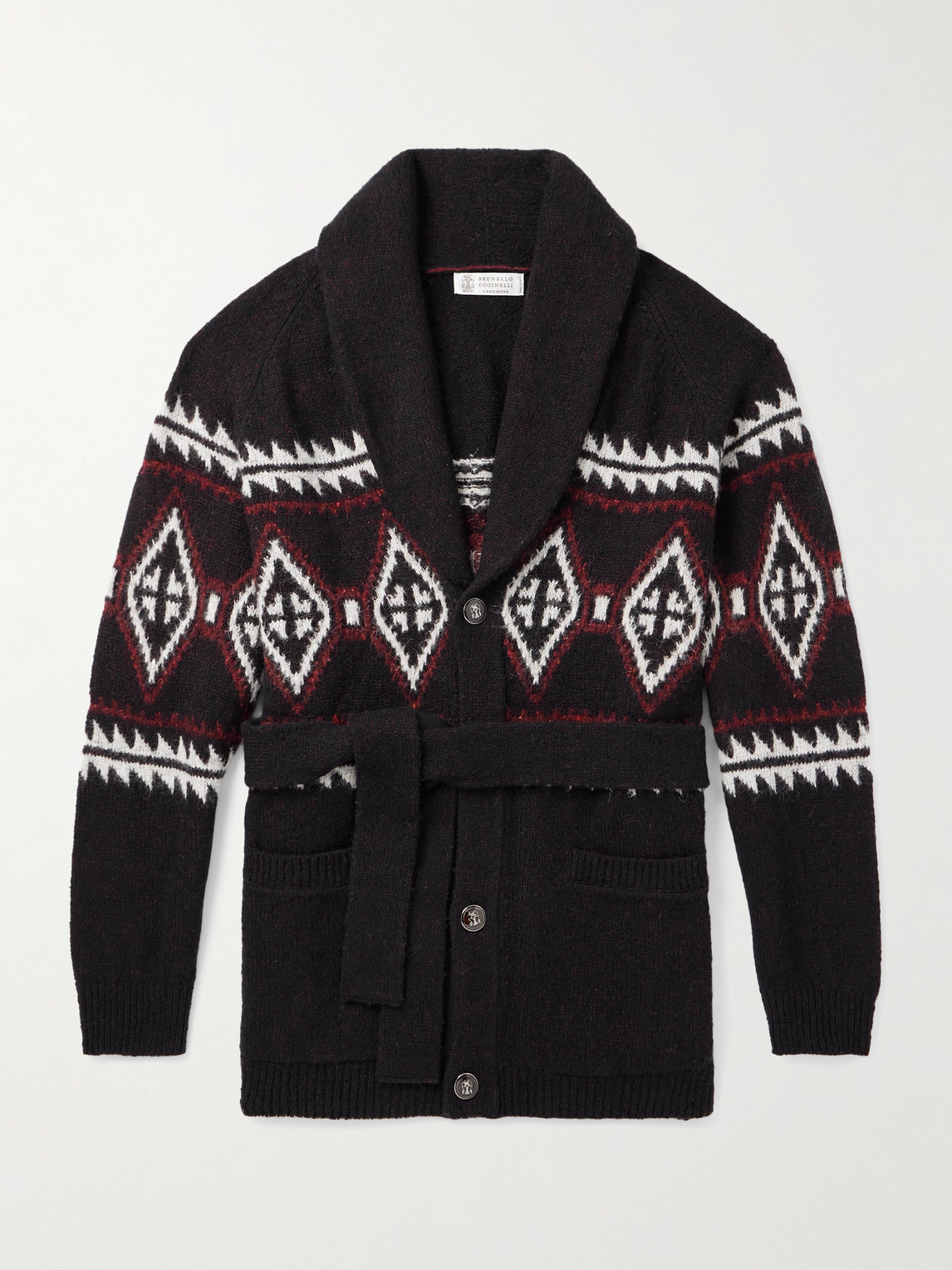 Brunello Cucinelli Shawl-Collar Belted Jacquard-Knit Wool, Silk and Cashmere-Blend Cardigan - Men