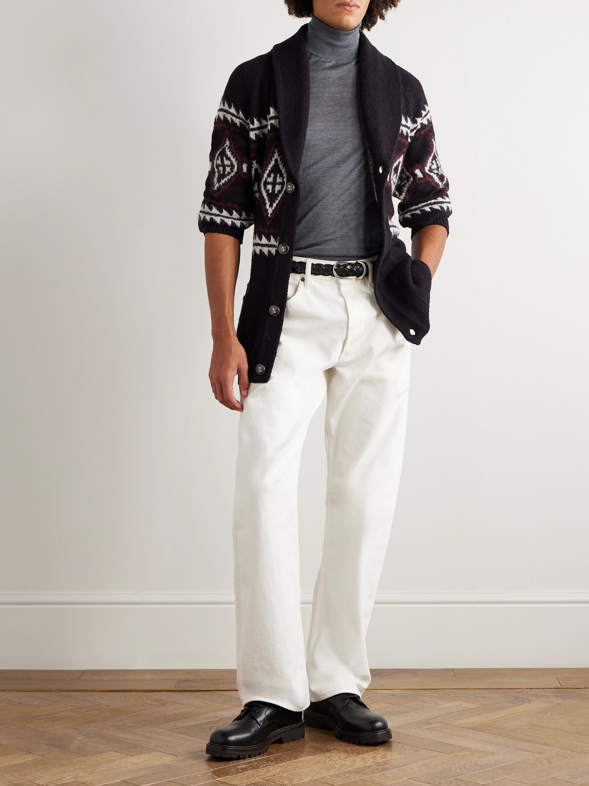Brunello Cucinelli Jacquard Wool, Silk And Cashmere Cardigan In Black