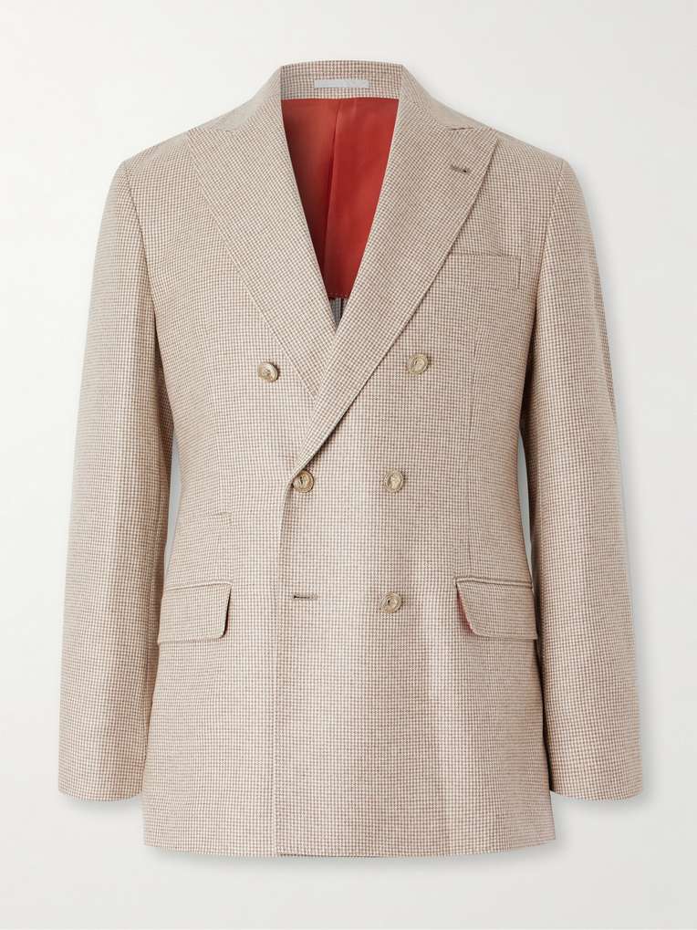 BRUNELLO CUCINELLI Double-Breasted Puppytooth Cashmere and Silk-Blend Suit Jacket