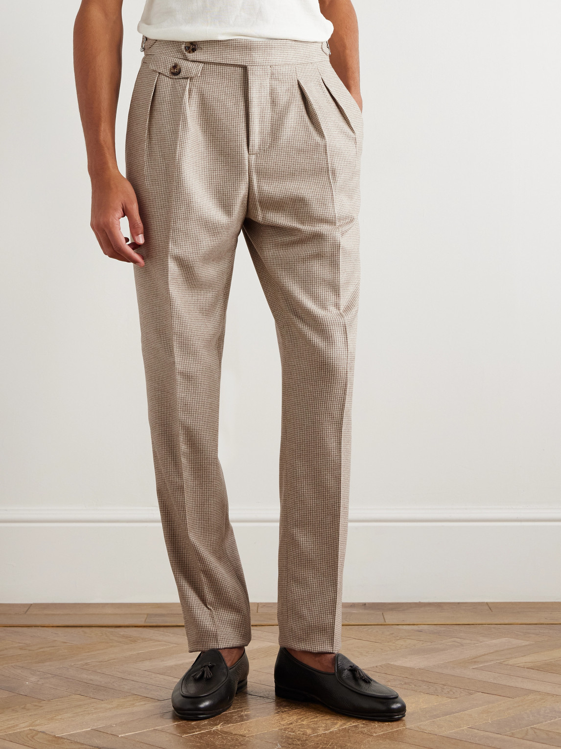  Brunello Cucinelli - Straight-leg Pleated Puppytooth Cashmere And Silk-blend Suit Trousers - Men - Neutrals - It 46 