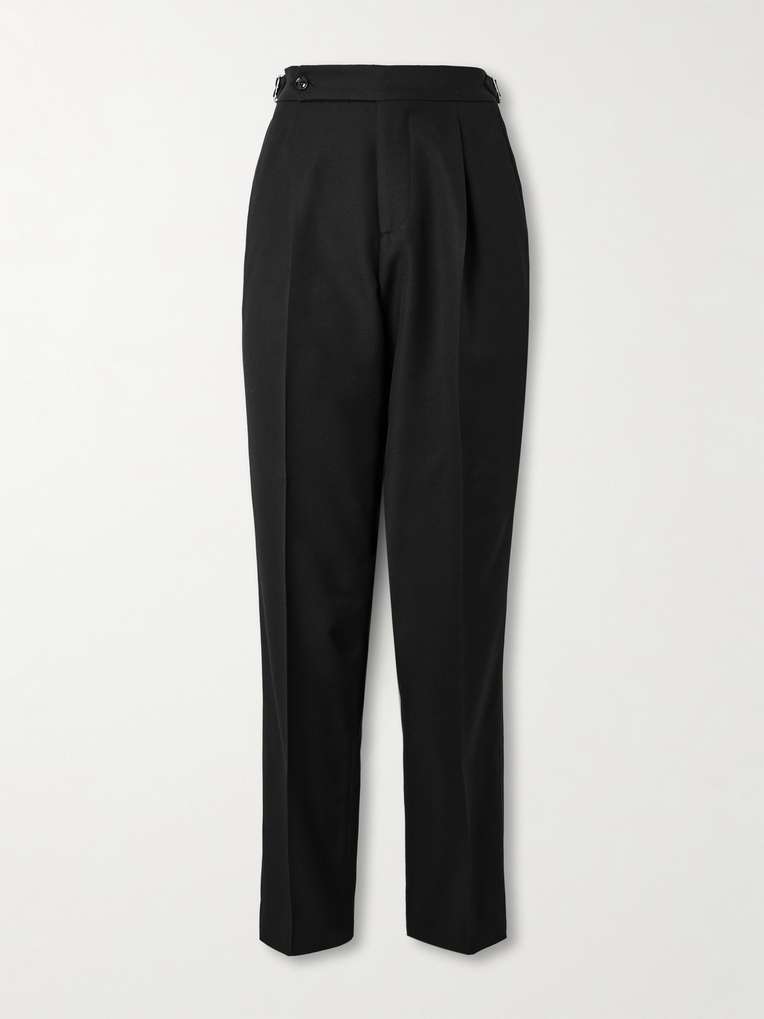 Brunello Cucinelli — Tapered Pleated Satin-Trimmed Silk, Wool and Mohair-Blend Trousers