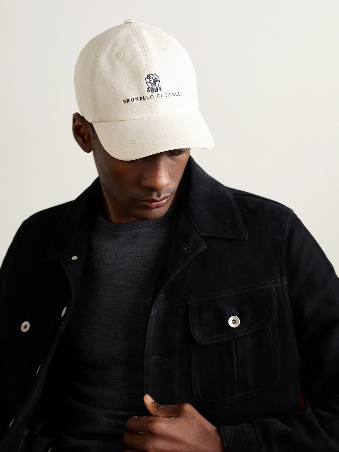 Brunello Cucinelli Logo-embroidered Leather-trimmed Cotton-twill Baseball Cap In White