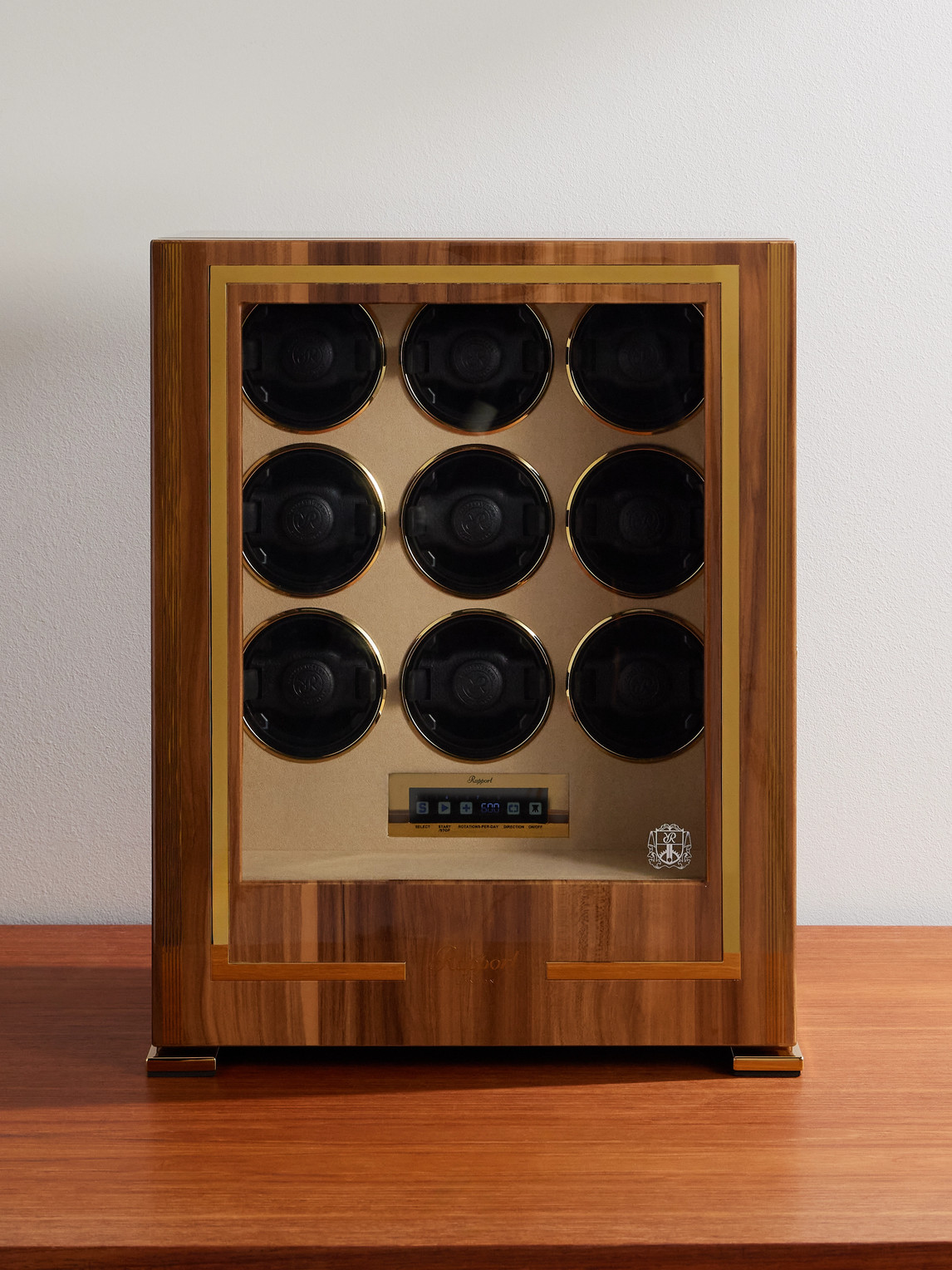 Paramount Walnut and Glass Nine-Piece Watch Winder