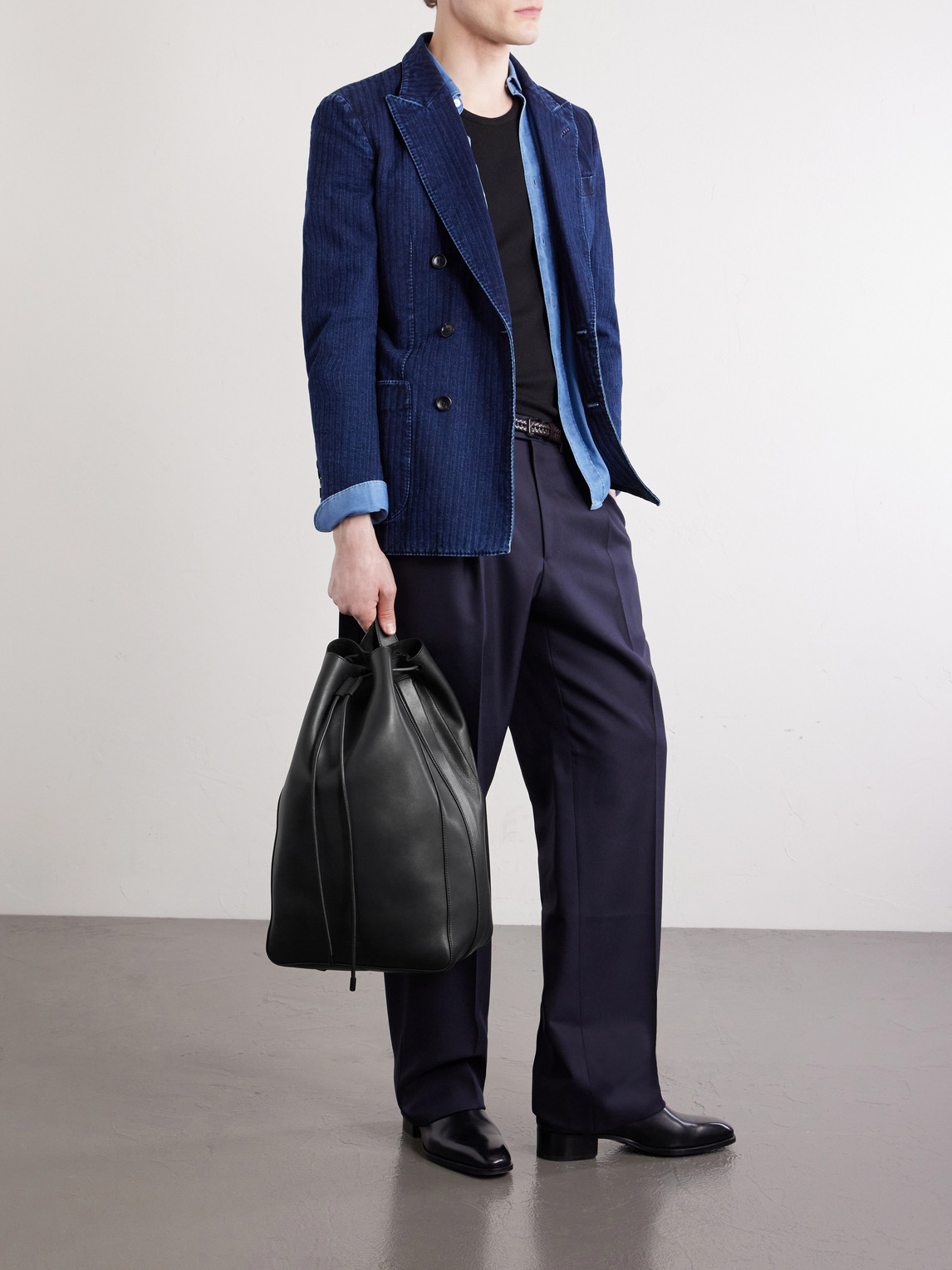 Tom Ford T Line Leather Drawstring Backpack In Black