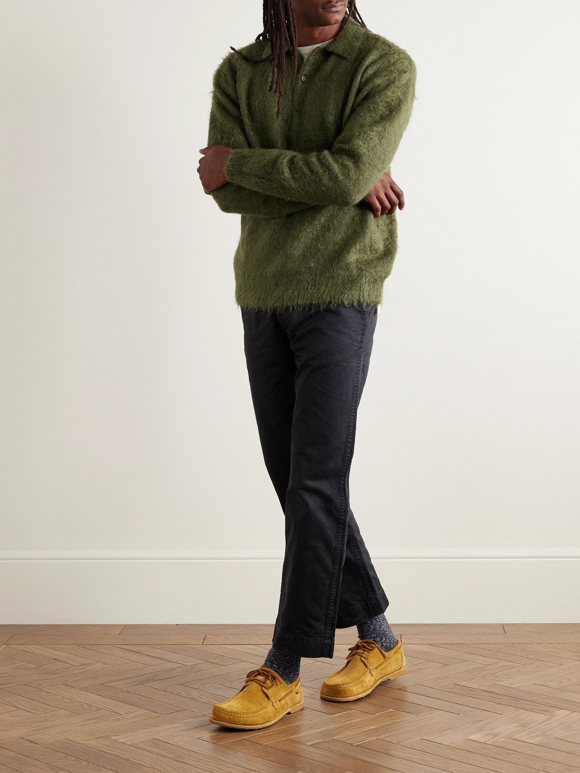 Auralee Brushed Mohair And Wool-blend Polo Sweater In Green