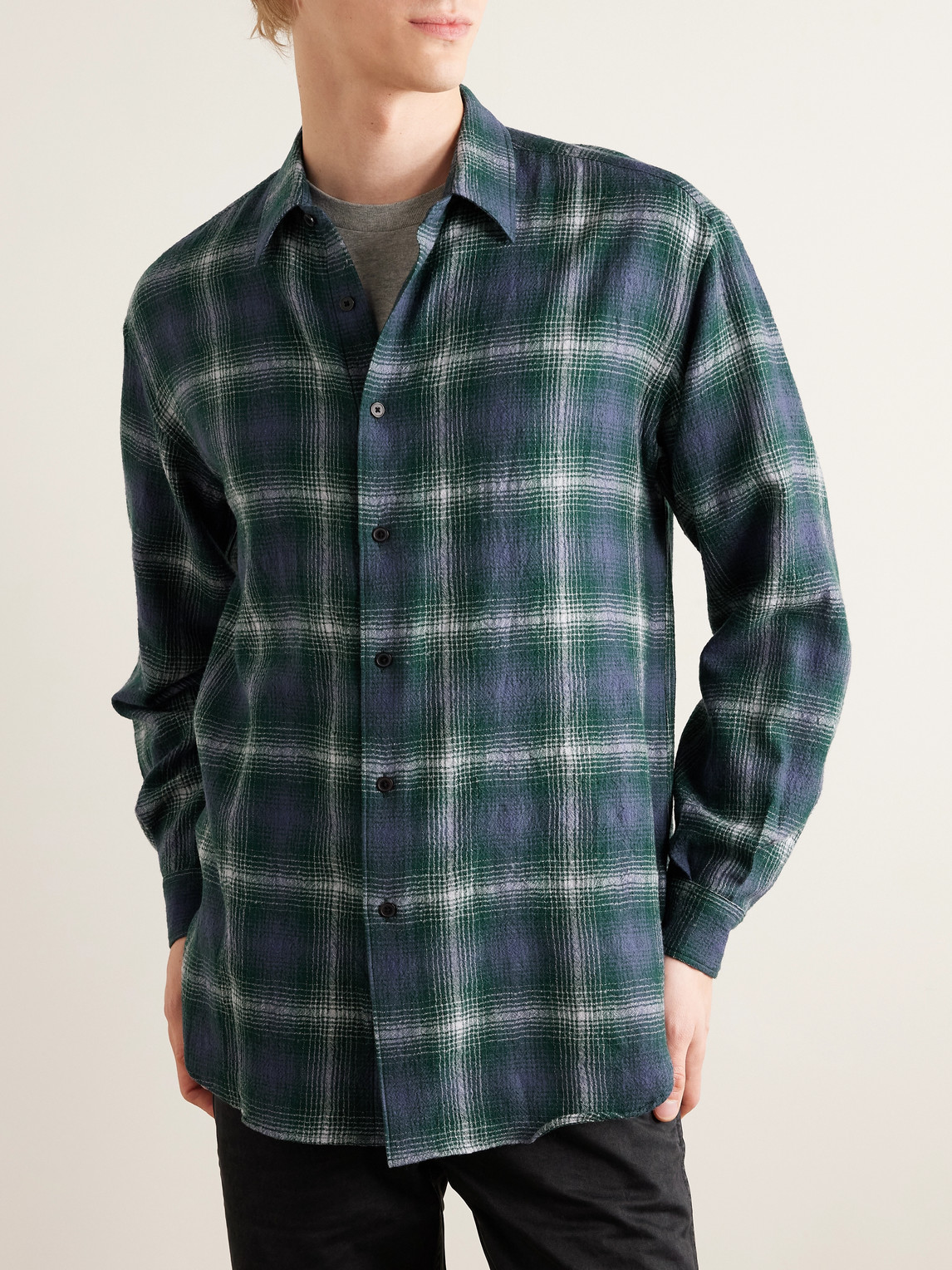 Auralee Lightweight Wool Plaid Long Sleeve Shirt In Blue