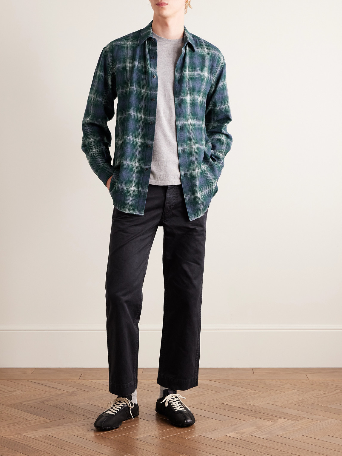 Auralee Lightweight Wool Plaid Long Sleeve Shirt In Blue