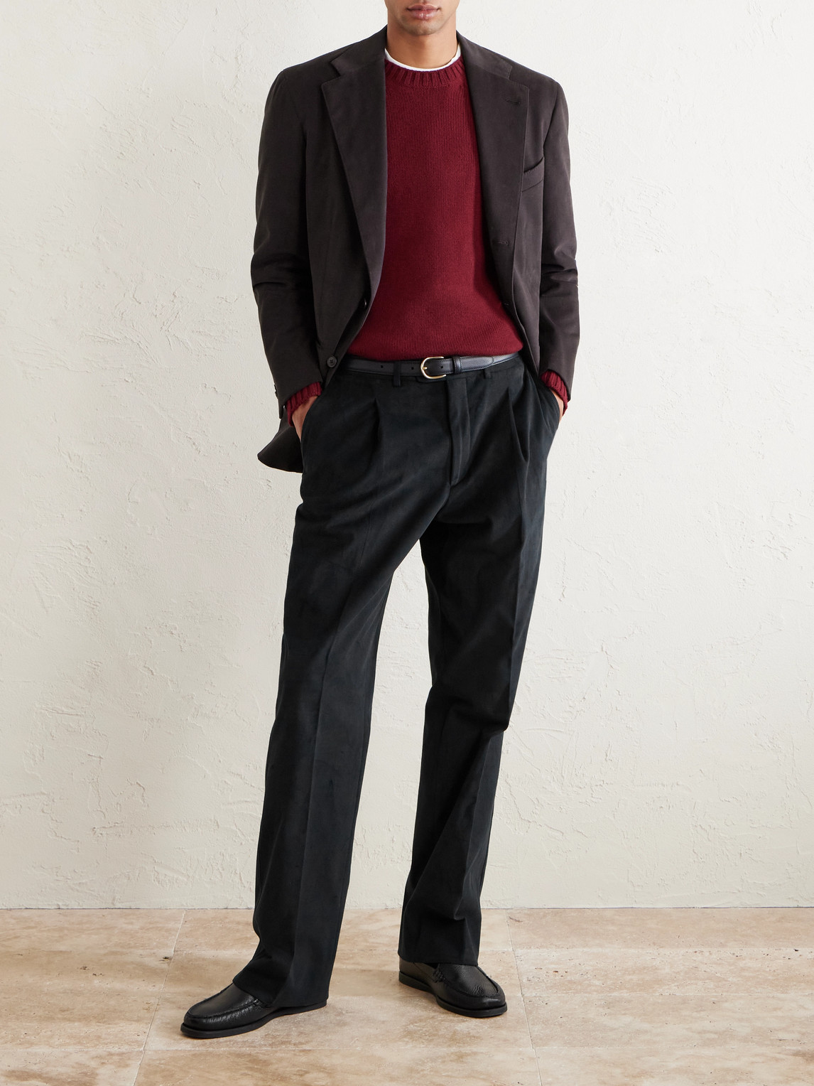Straight-Leg Pleated Peached Cotton-Blend Trousers