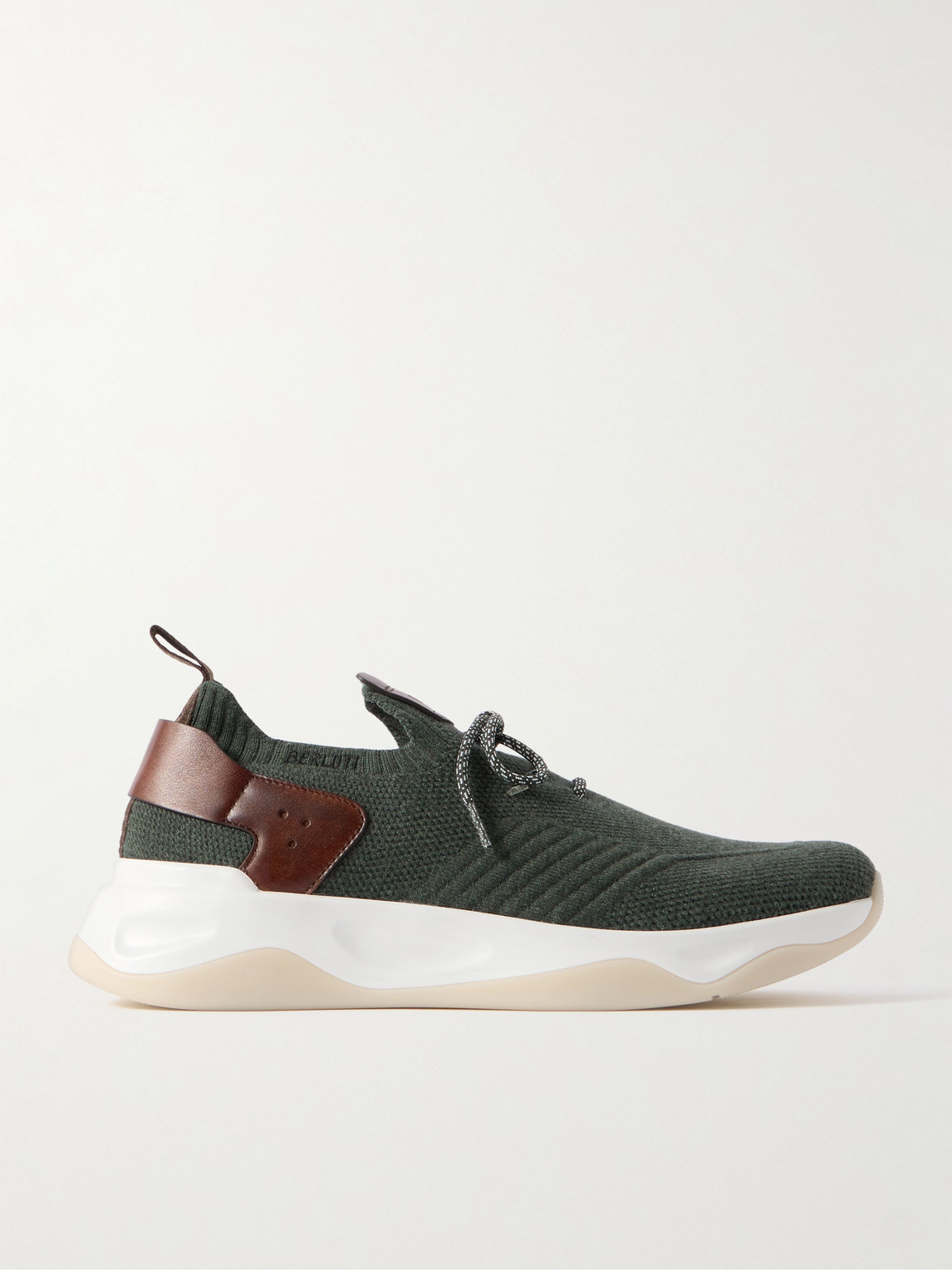 Berluti Shadow Leather-trimmed Stretch-knit Sneakers In Green