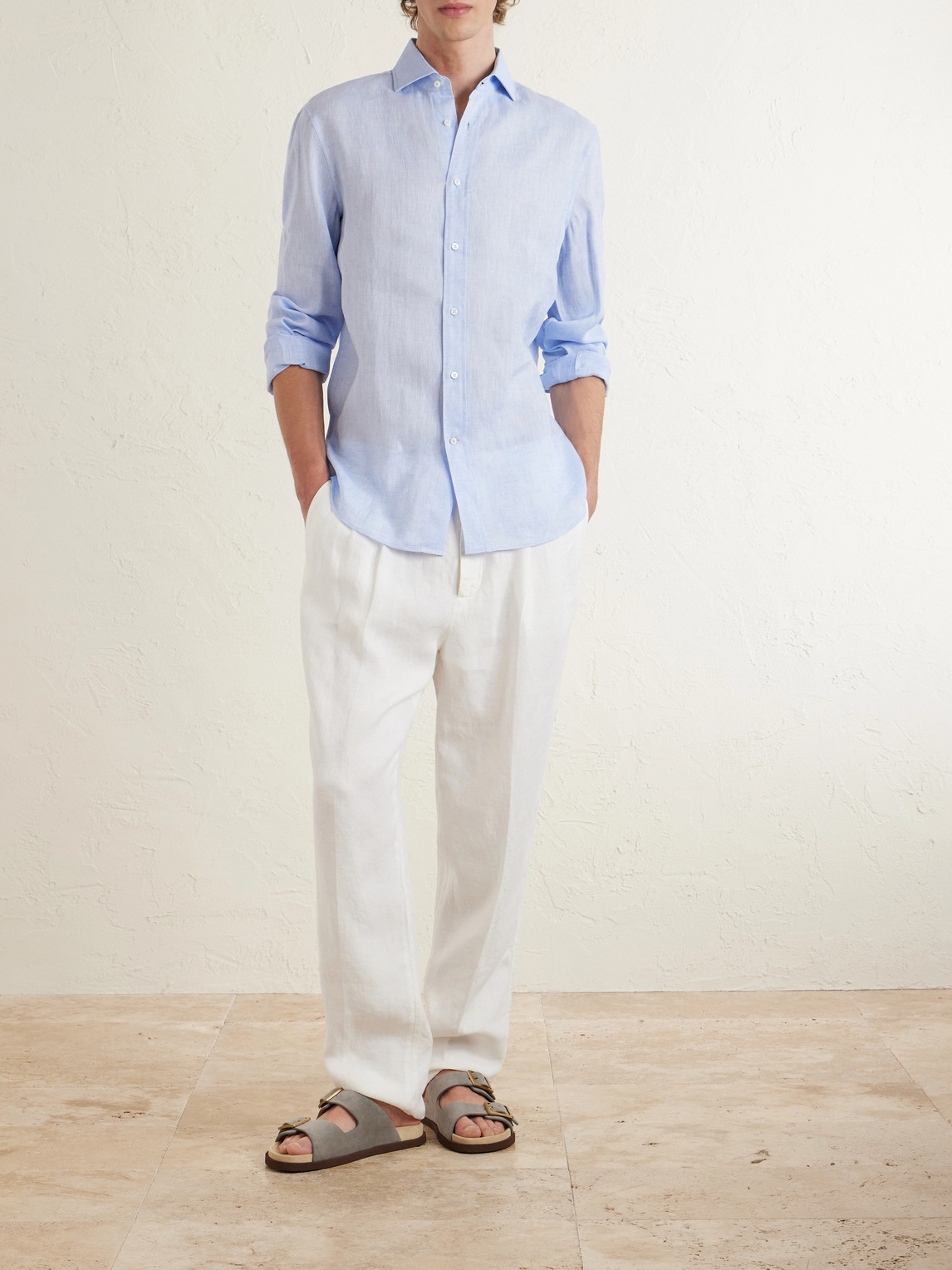 Tapered Pleated Linen-Twill Drawstring Trousers