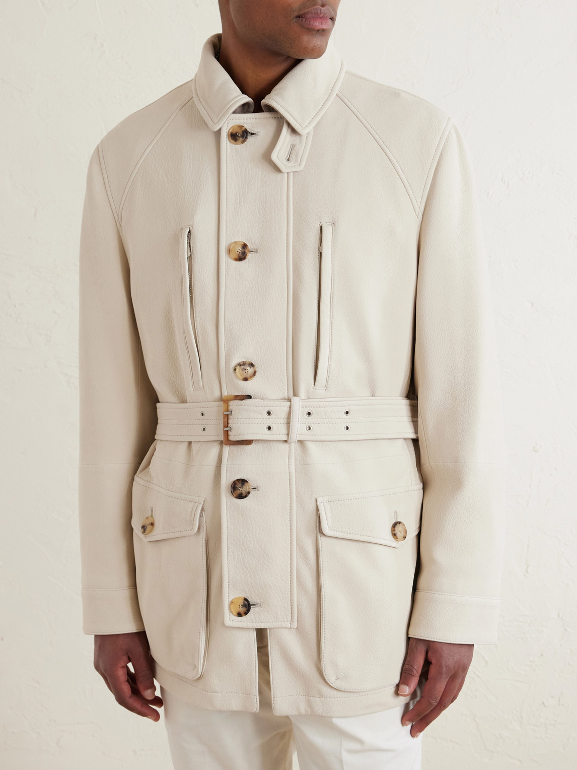  Brunello Cucinelli - Belted Leather Jacket - Men - Neutrals - S 