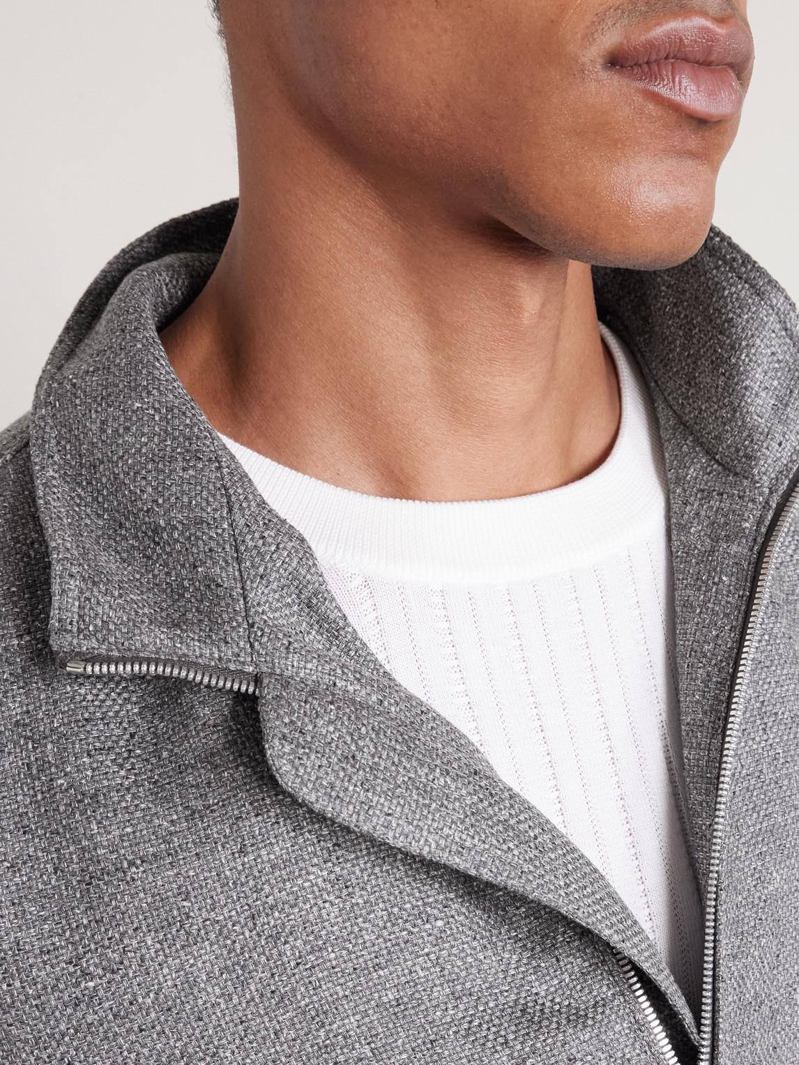 Brunello Cucinelli Stand Collar Hopsack Outerwear Jacket In Gray