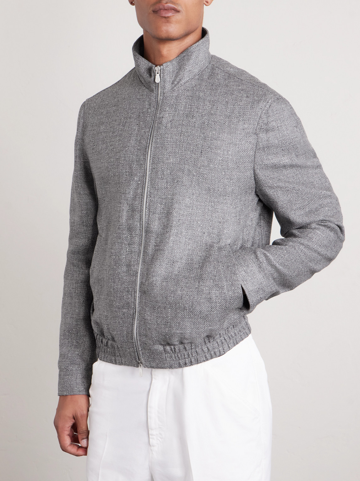 Brunello Cucinelli Stand Collar Hopsack Outerwear Jacket In Gray