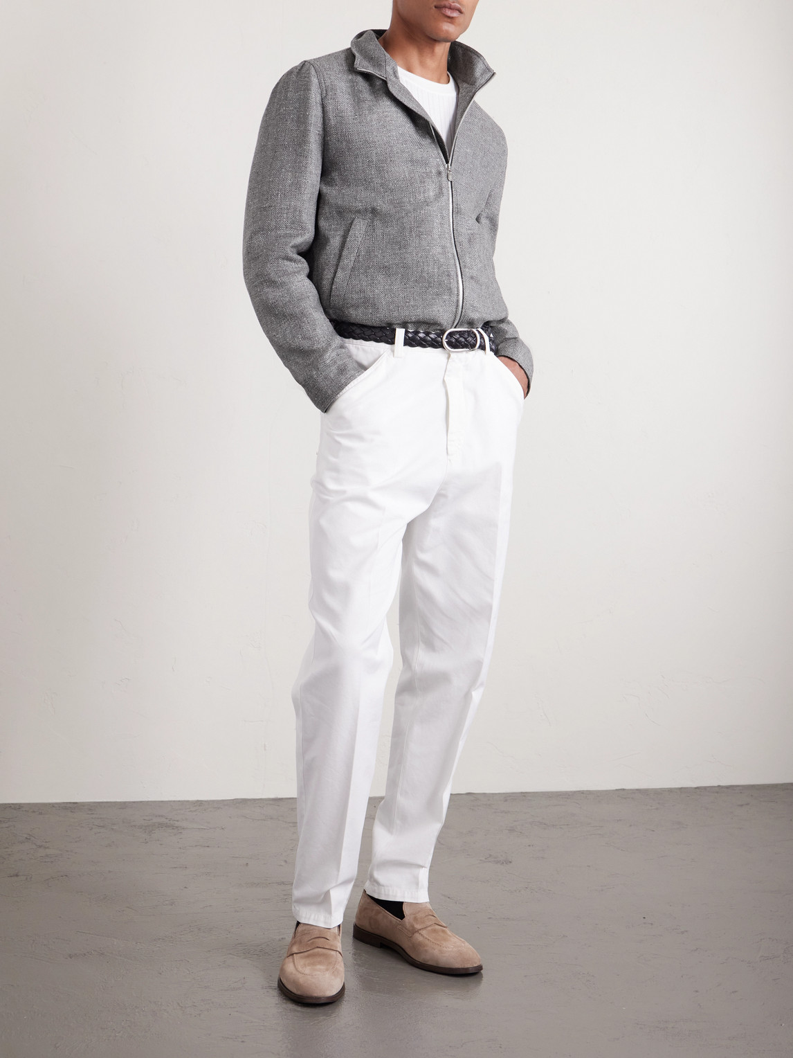 Brunello Cucinelli Stand Collar Hopsack Outerwear Jacket In Gray