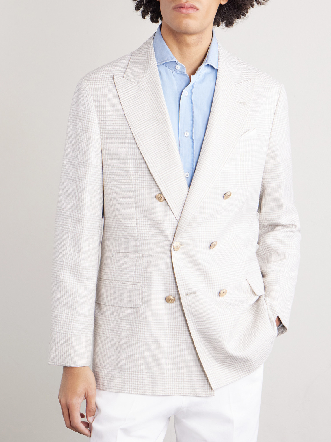  Brunello Cucinelli - Double-breasted Prince Of Wales Checked Wool-blend Blazer - Men - Neutrals - It 46 