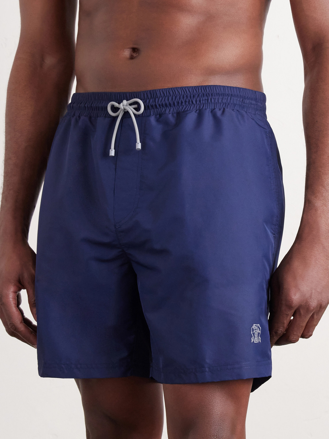Brunello Cucinelli Straight-leg Mid-length Logo-embroidered Swim Shorts In Blue