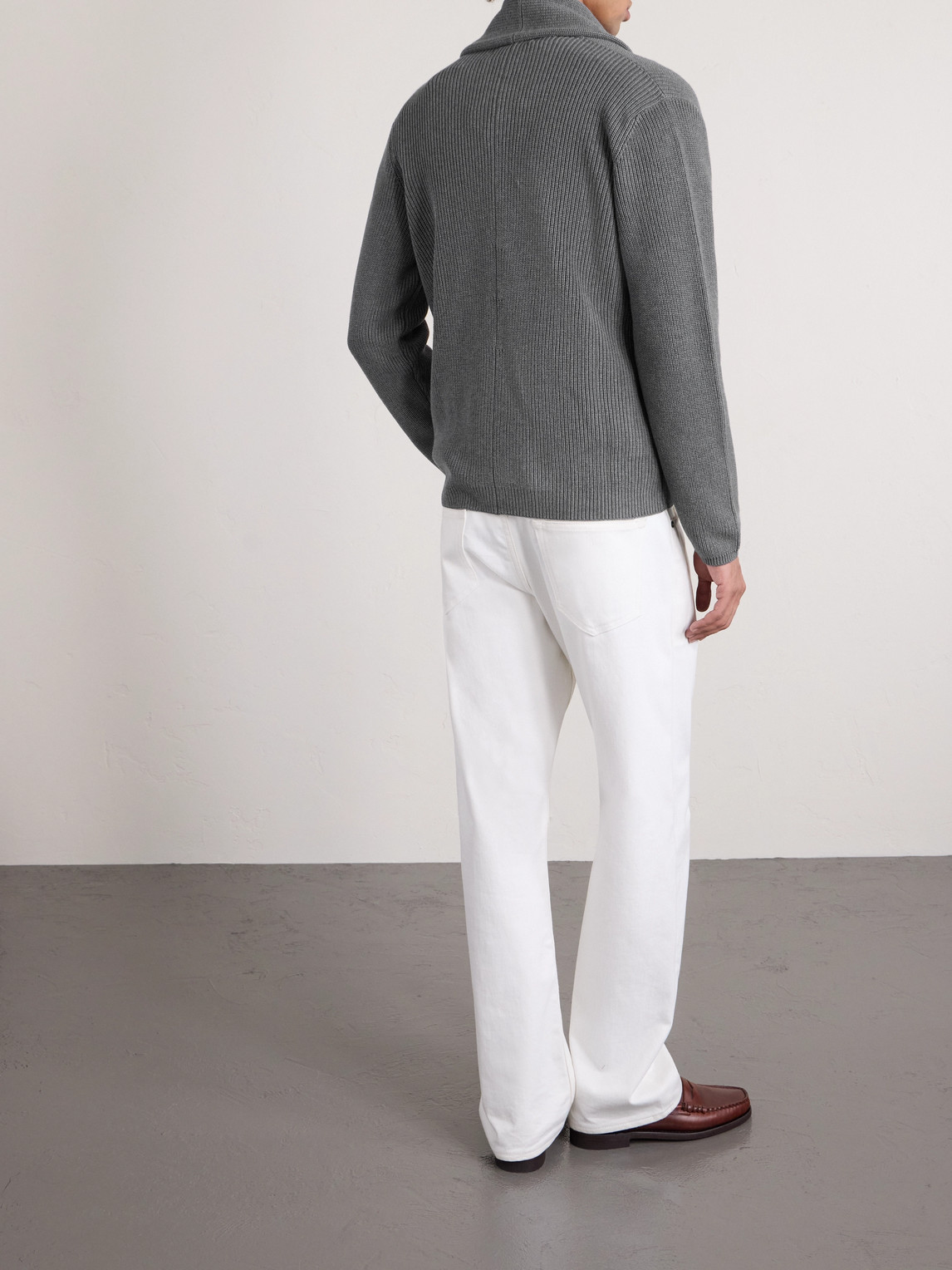Shawl-Collar Double-Breasted Ribbed Cotton Cardigan