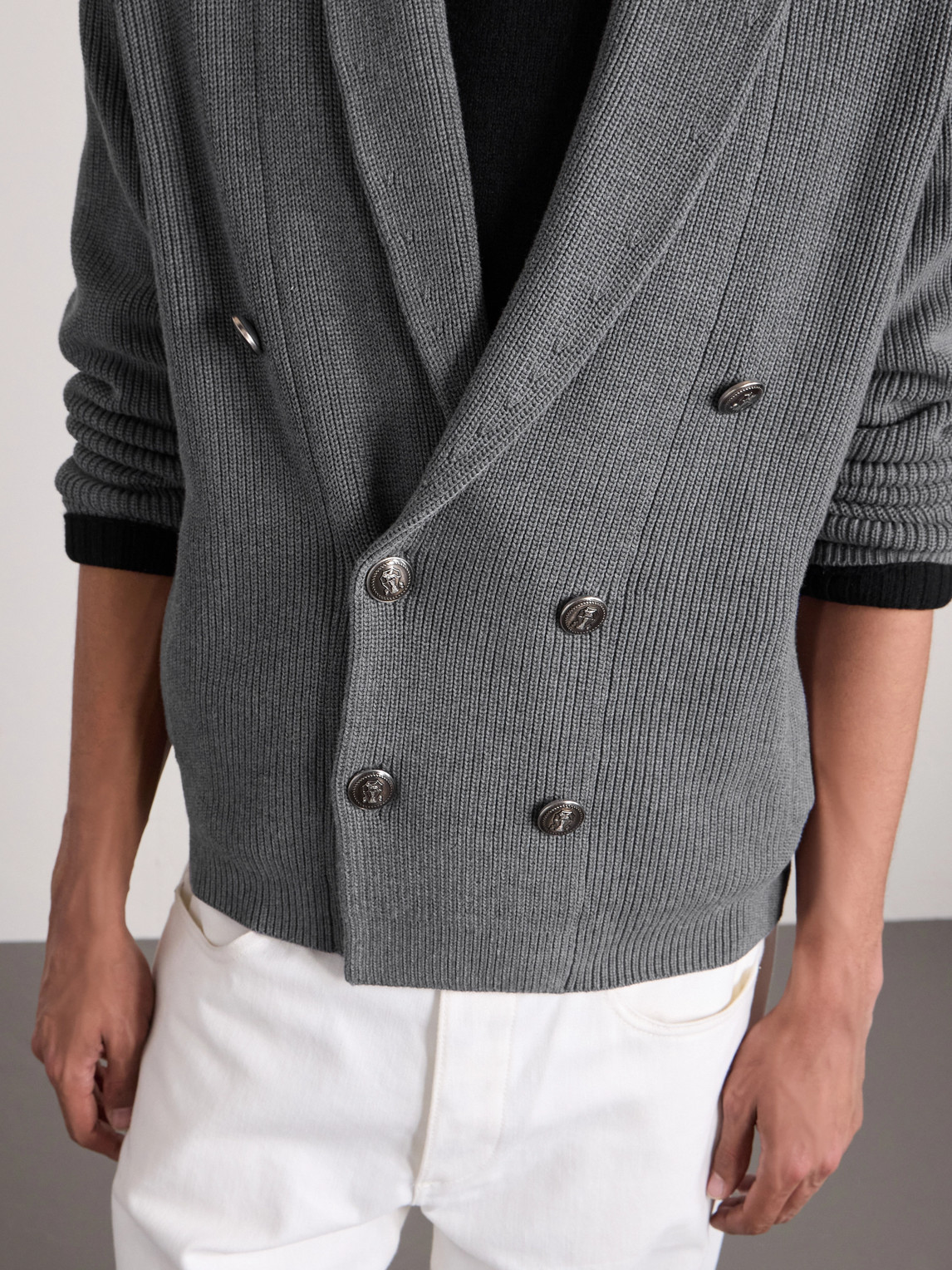 Shawl-Collar Double-Breasted Ribbed Cotton Cardigan
