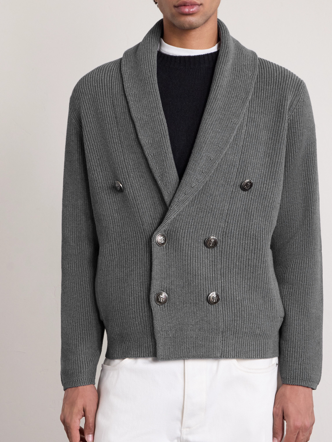 Shawl-Collar Double-Breasted Ribbed Cotton Cardigan