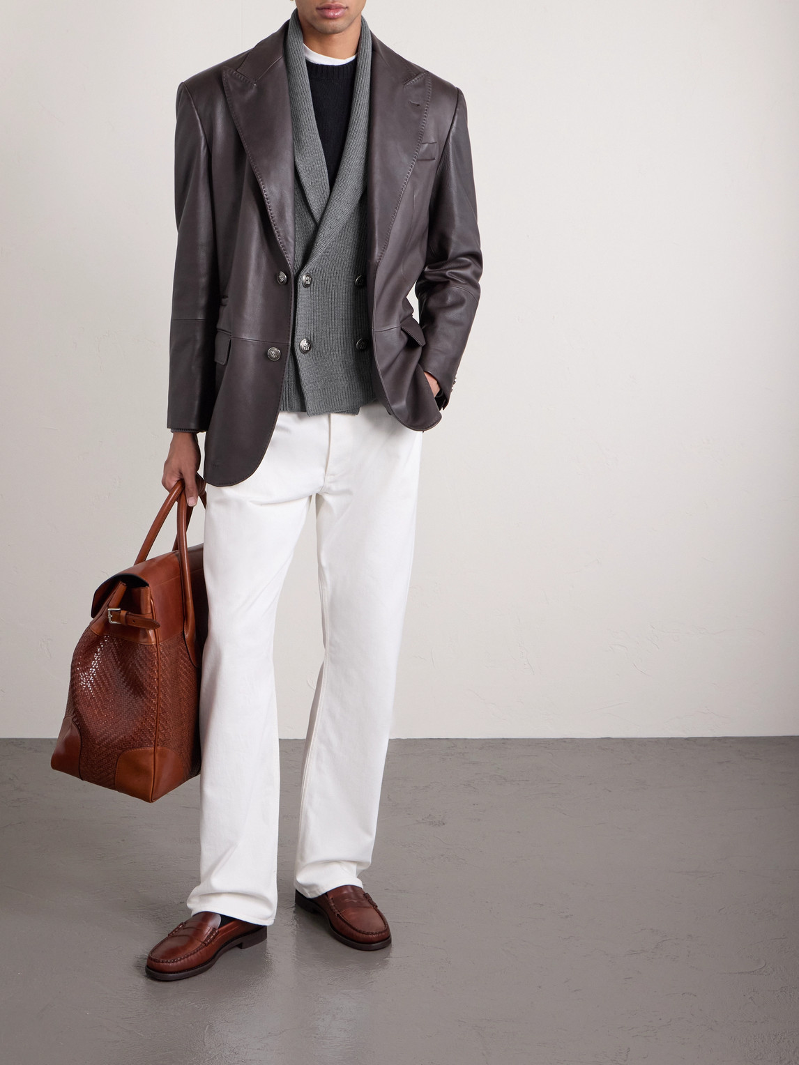 Shawl-Collar Double-Breasted Ribbed Cotton Cardigan