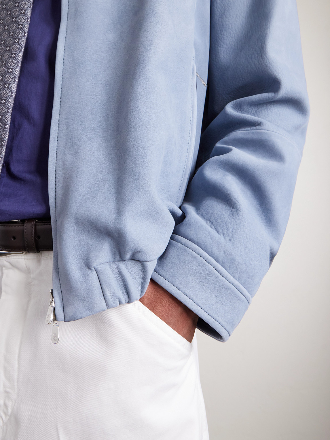 Brunello Cucinelli Leather Blouson Jacket In Blue