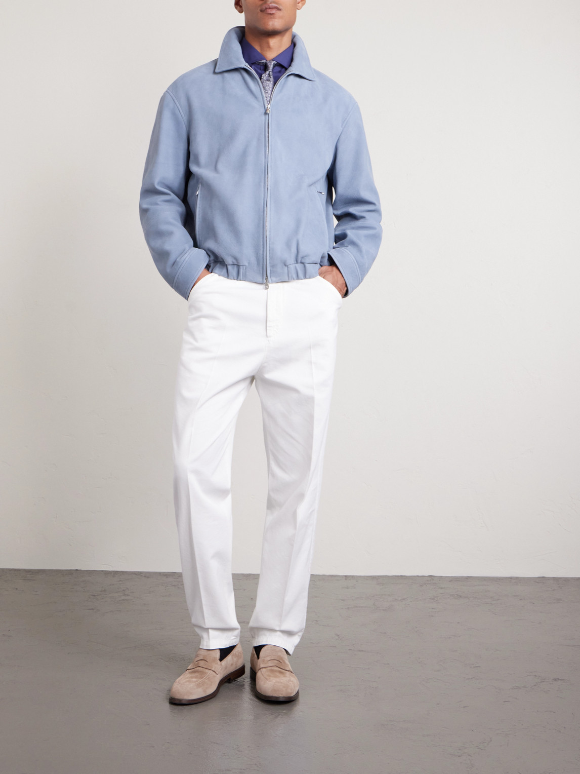 Brunello Cucinelli Leather Blouson Jacket In Blue