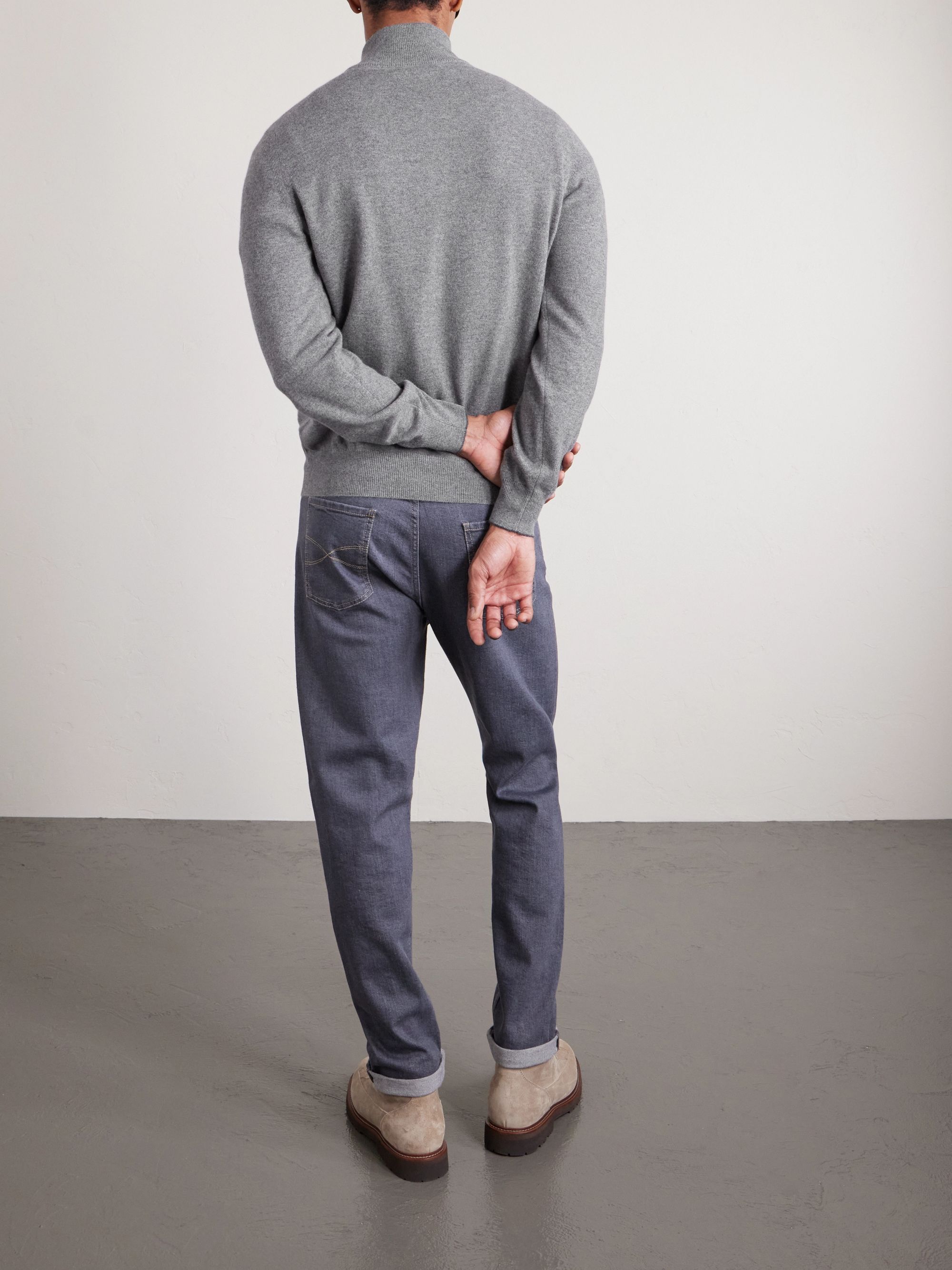 Brunello Cucinelli Ribbed Funnel-Neck Cashmere Half-Zip Sweater — detail view 3