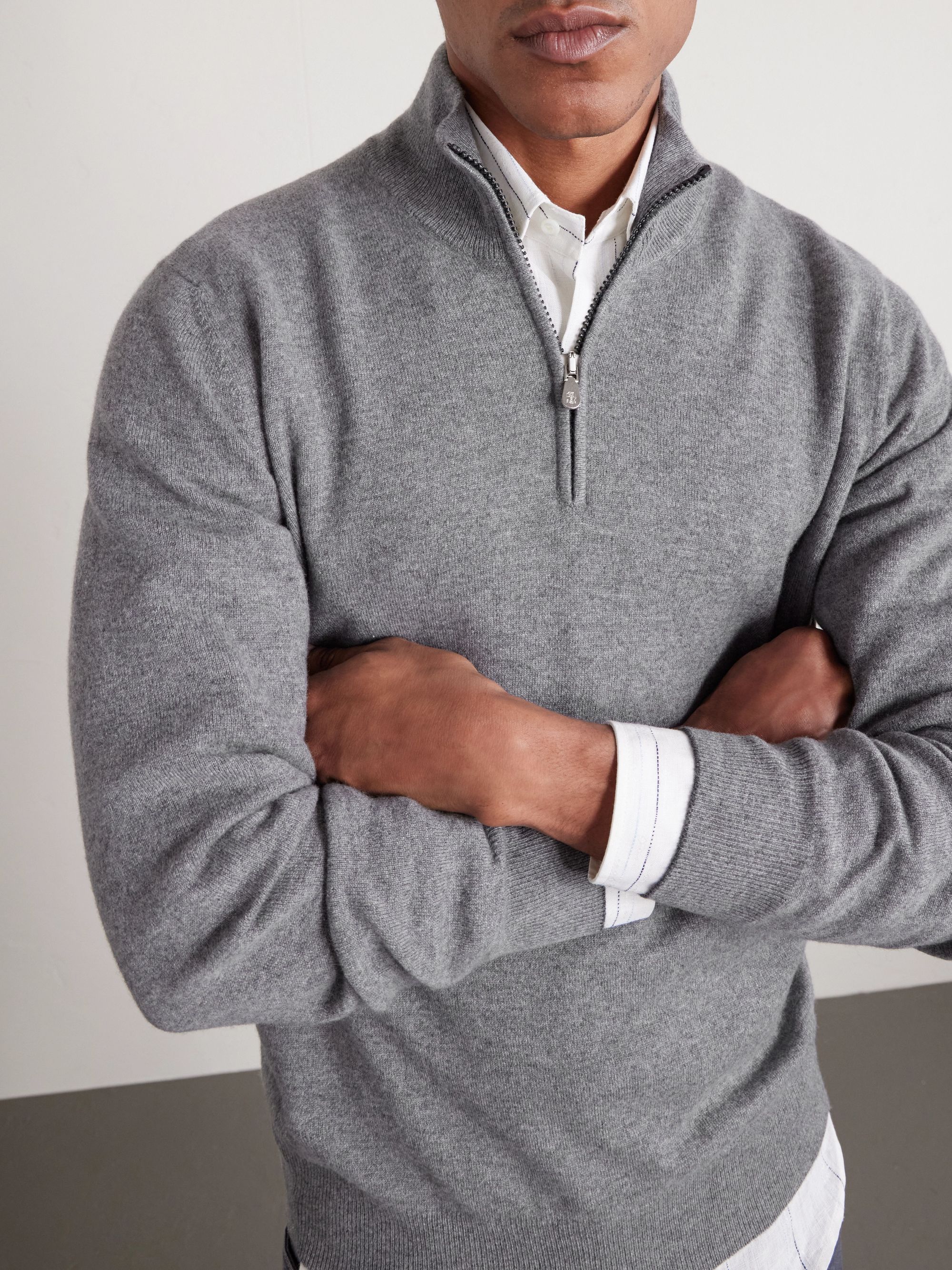 Brunello Cucinelli Ribbed Funnel-Neck Cashmere Half-Zip Sweater — detail view 4