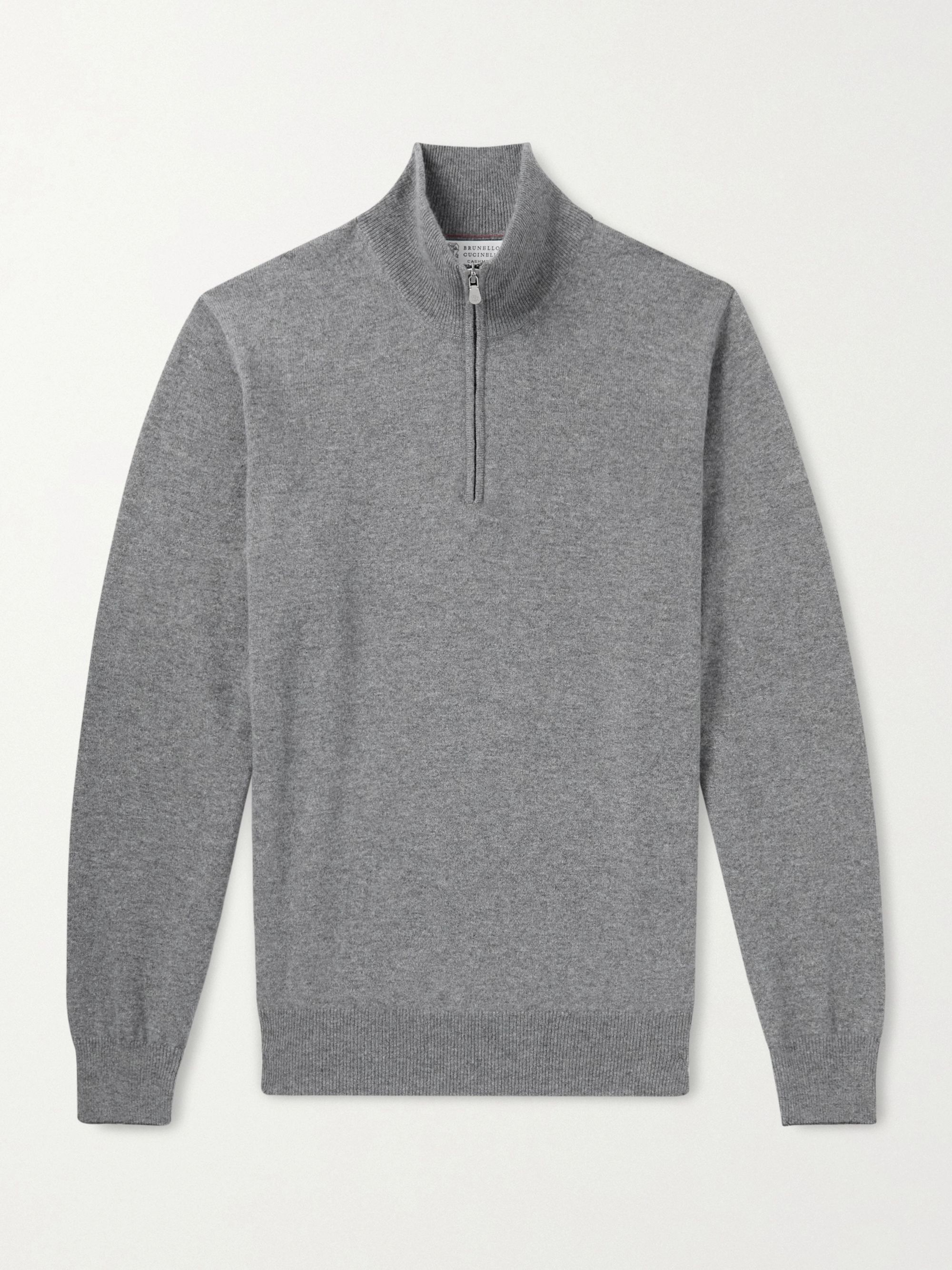 Brunello Cucinelli Ribbed Funnel-Neck Cashmere Half-Zip Sweater — detail view 2