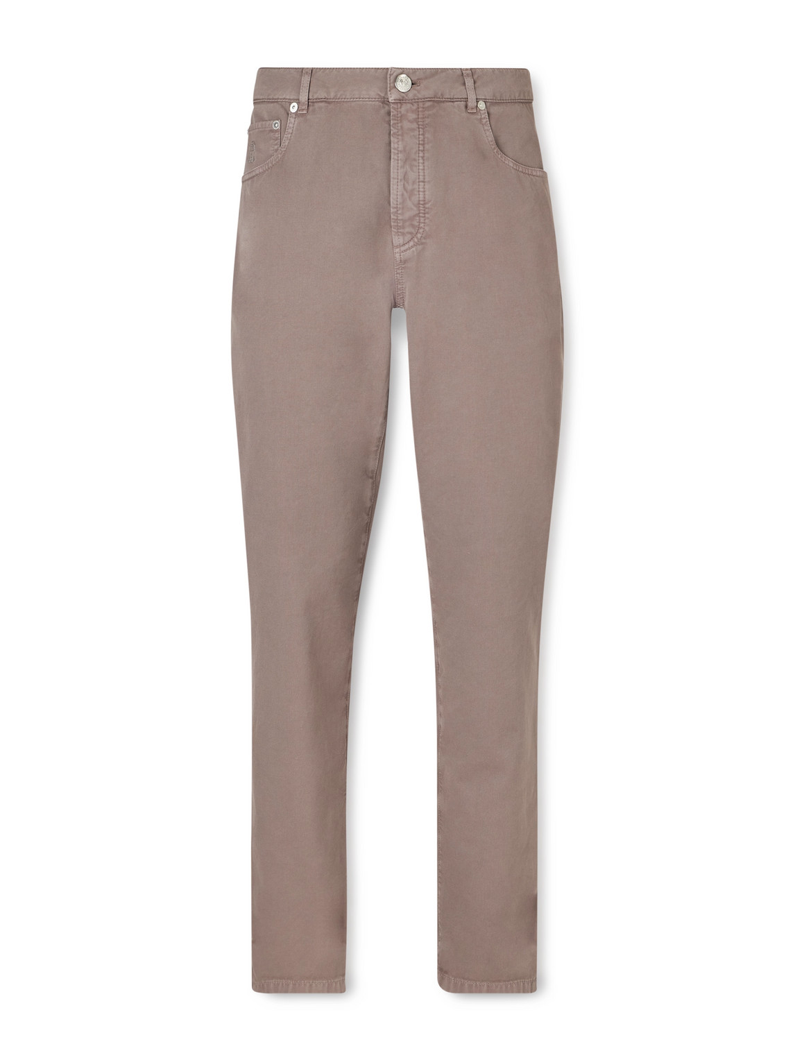 Brunello Cucinelli Logo-embroidered Straight-leg Cotton-twill Trousers In Gold