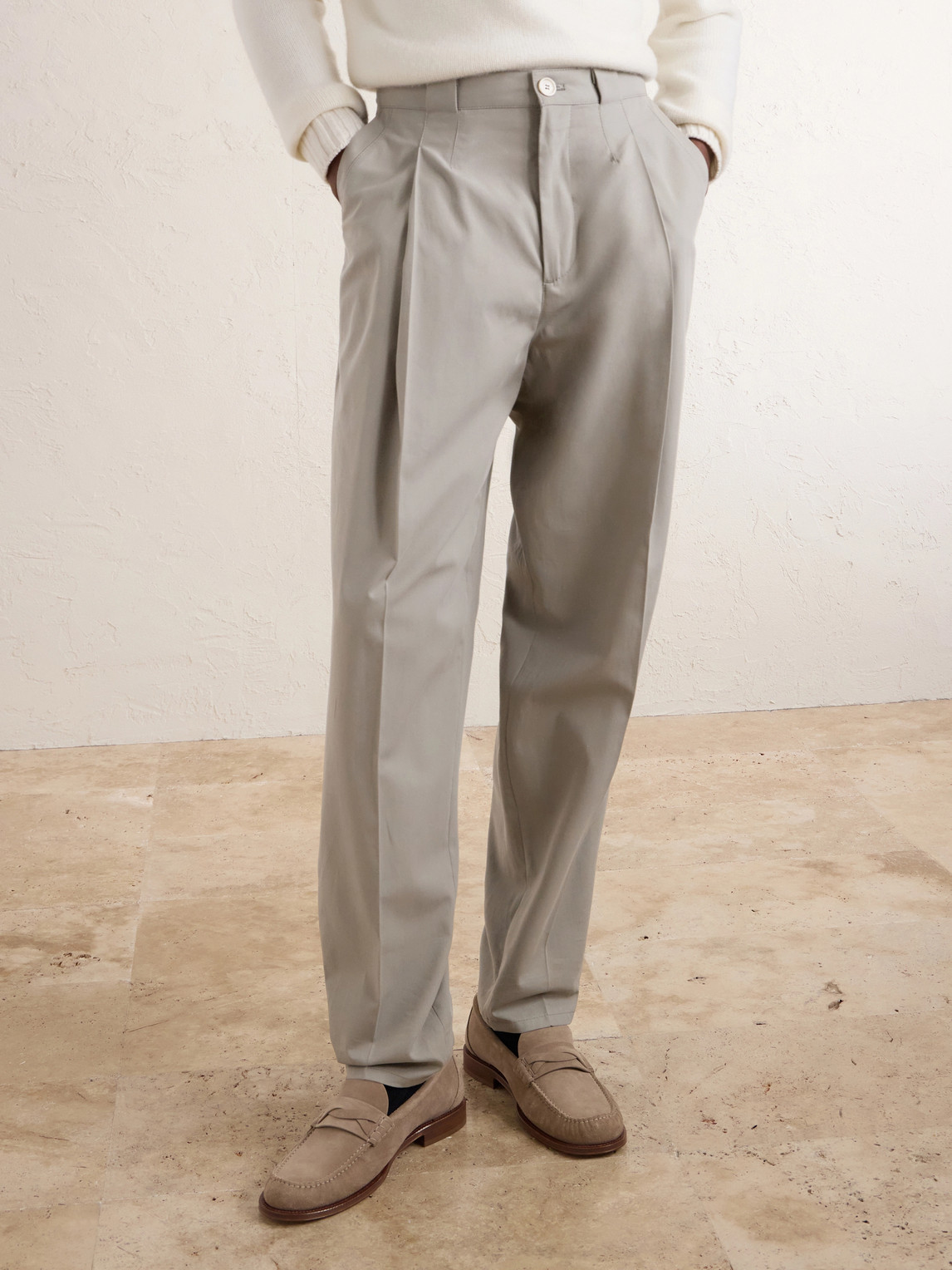 Straight-Leg Pleated Cotton-Twill Trousers