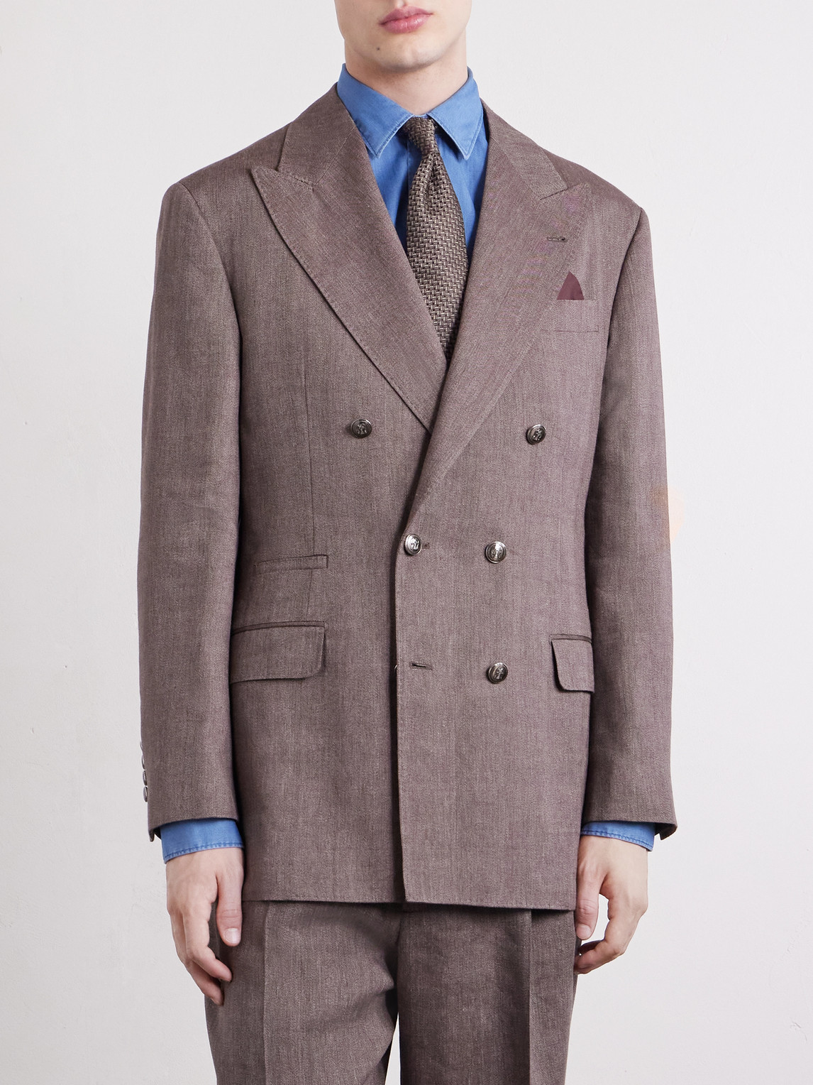  Brunello Cucinelli - Double-breasted Herringbone Linen And Virgin Wool-blend Suit Jacket - Men - Brown - It 46 