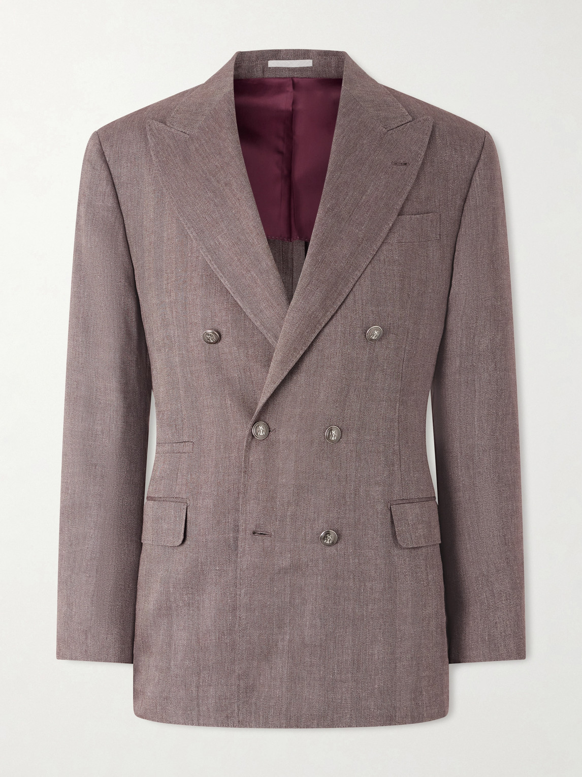 Brunello Cucinelli Double-Breasted Herringbone Linen and Virgin Wool-Blend Suit Jacket IT 46