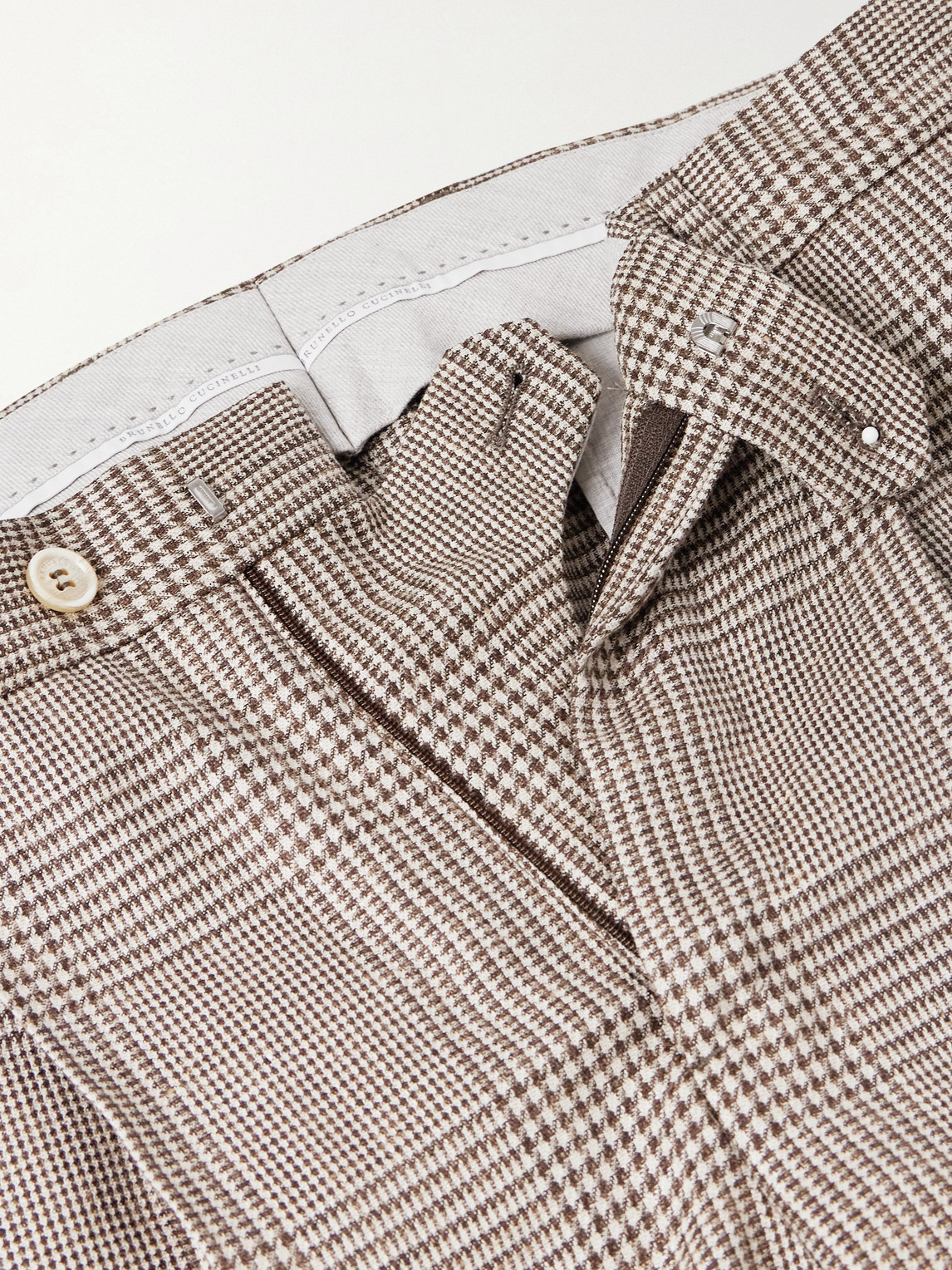  Brunello Cucinelli - Straight-leg Pleated Prince Of Wales Checked Wool, Silk And Linen-blend Trousers - Men - Brown - It 44 