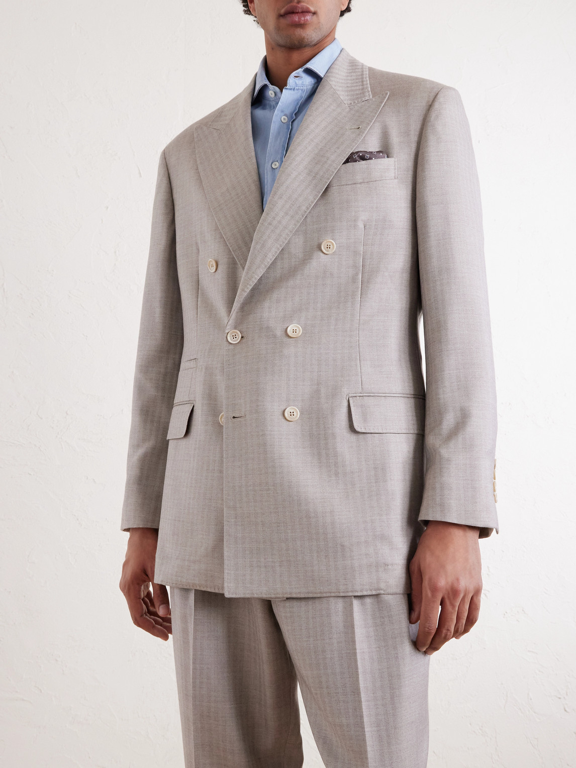  Brunello Cucinelli - Double-breasted Herringbone Cashmere And Silk-blend Suit Jacket - Men - Neutrals - It 46 