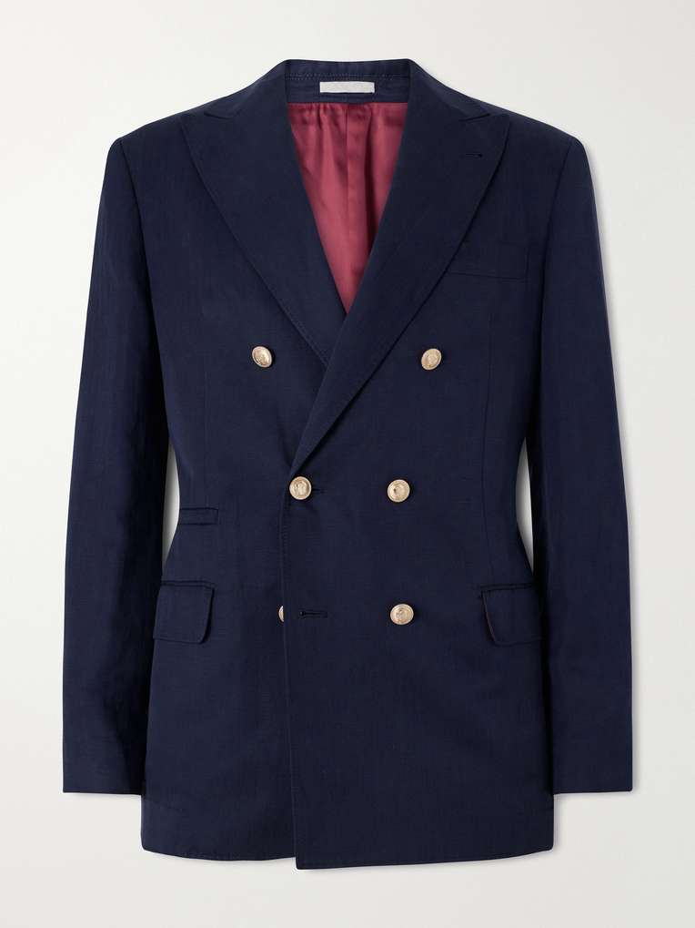 BRUNELLO CUCINELLI Double-Breasted Silk and Linen-Blend Blazer